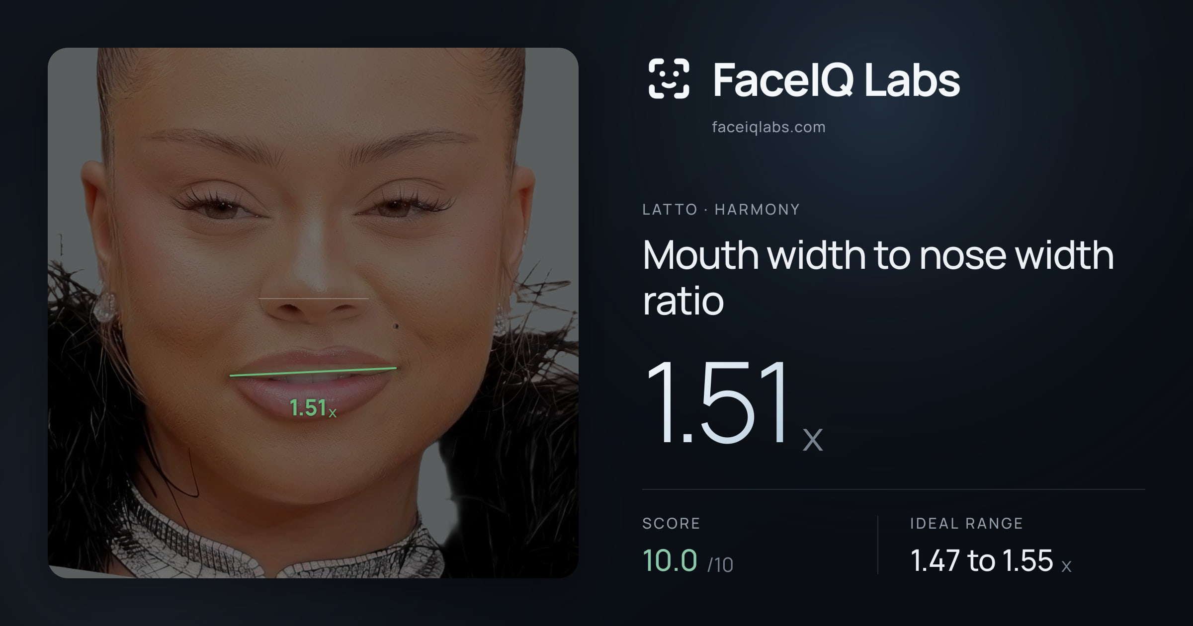 Latto Mouth width to nose width ratio: 1.51x, drawn on the photo