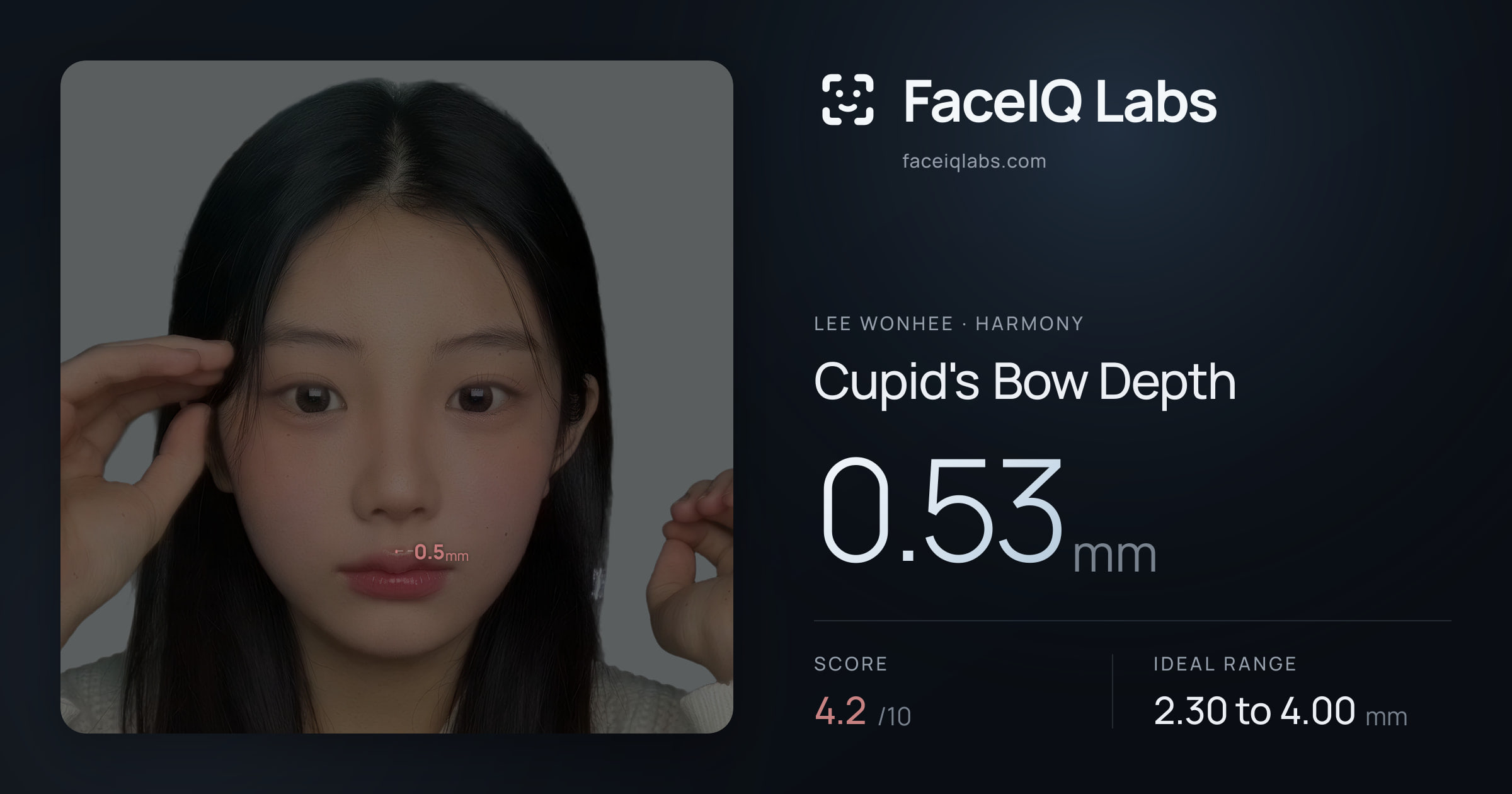 Lee Wonhee Cupid's Bow Depth: 0.53mm, drawn on the photo
