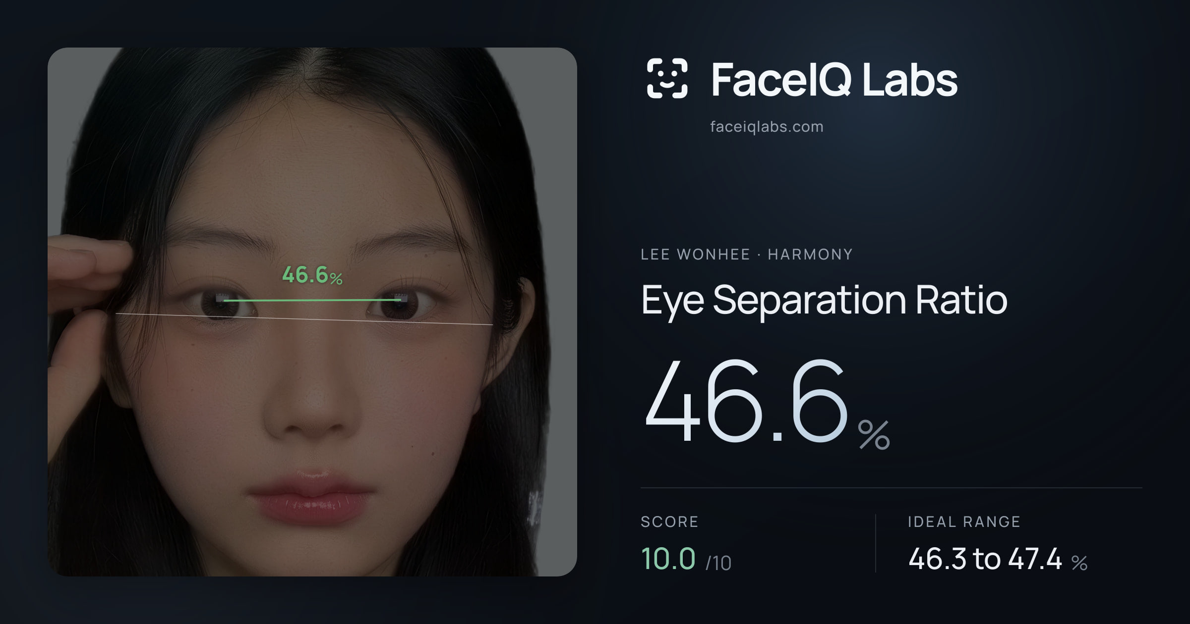 Lee Wonhee Eye Separation Ratio: 46.6%, drawn on the photo