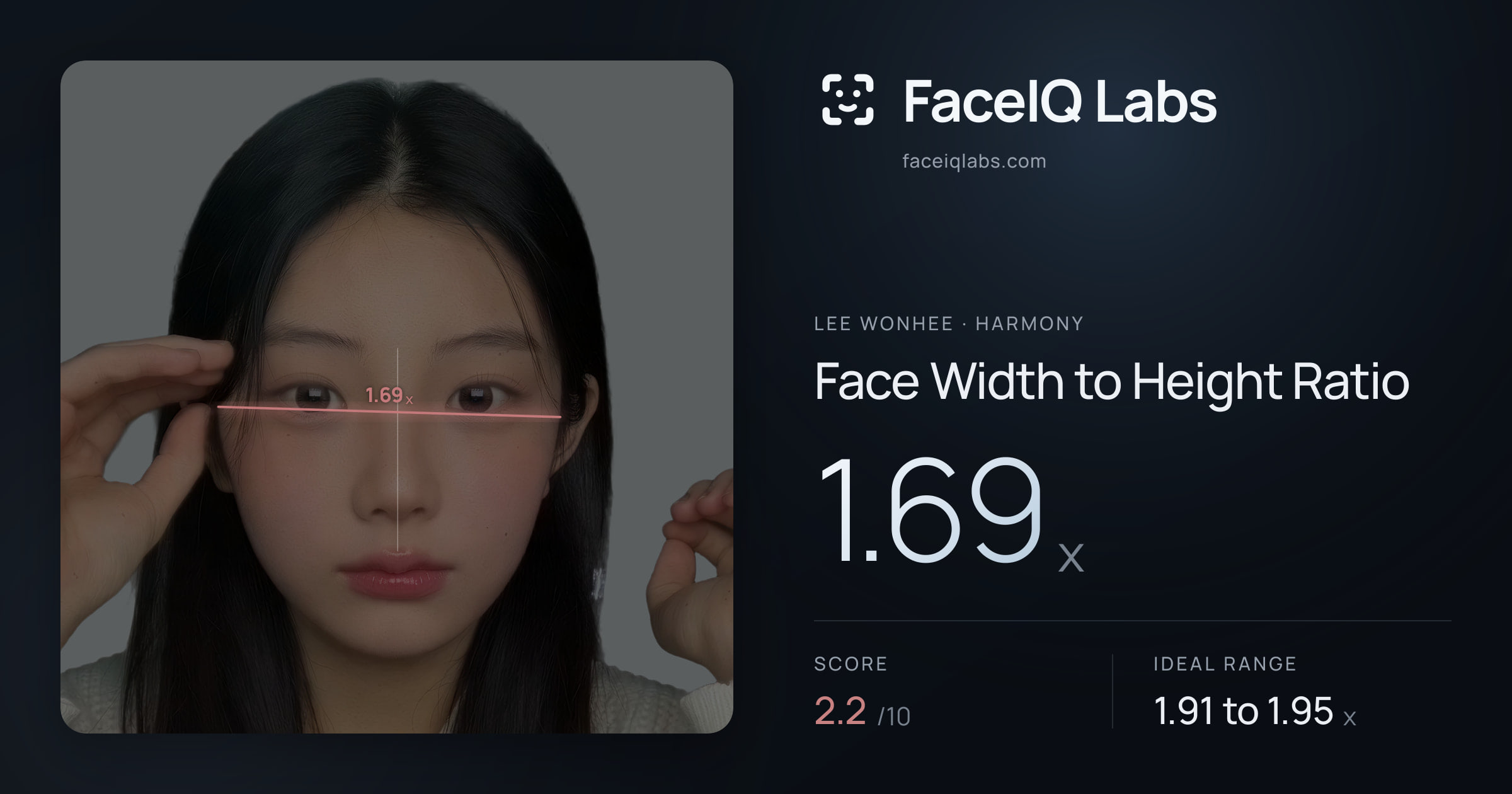Lee Wonhee Face Width to Height Ratio: 1.69x, drawn on the photo