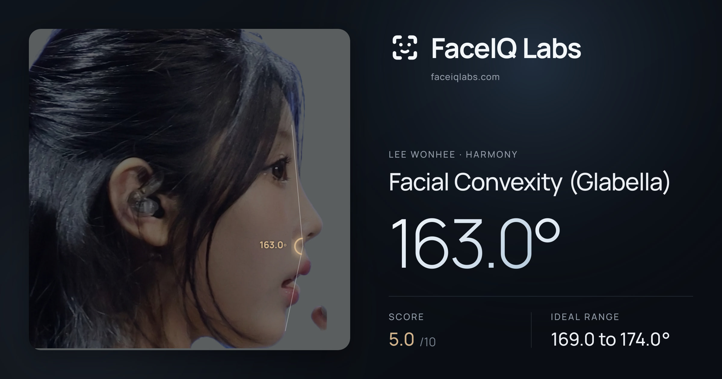 Lee Wonhee Facial Convexity (Glabella): 163.0°, drawn on the photo