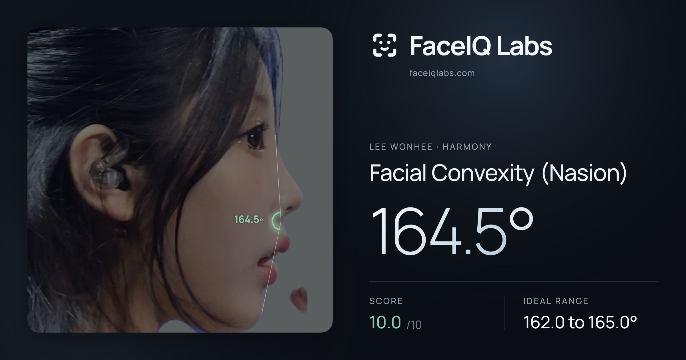 Lee Wonhee Facial Convexity (Nasion): 164.5°, drawn on the photo
