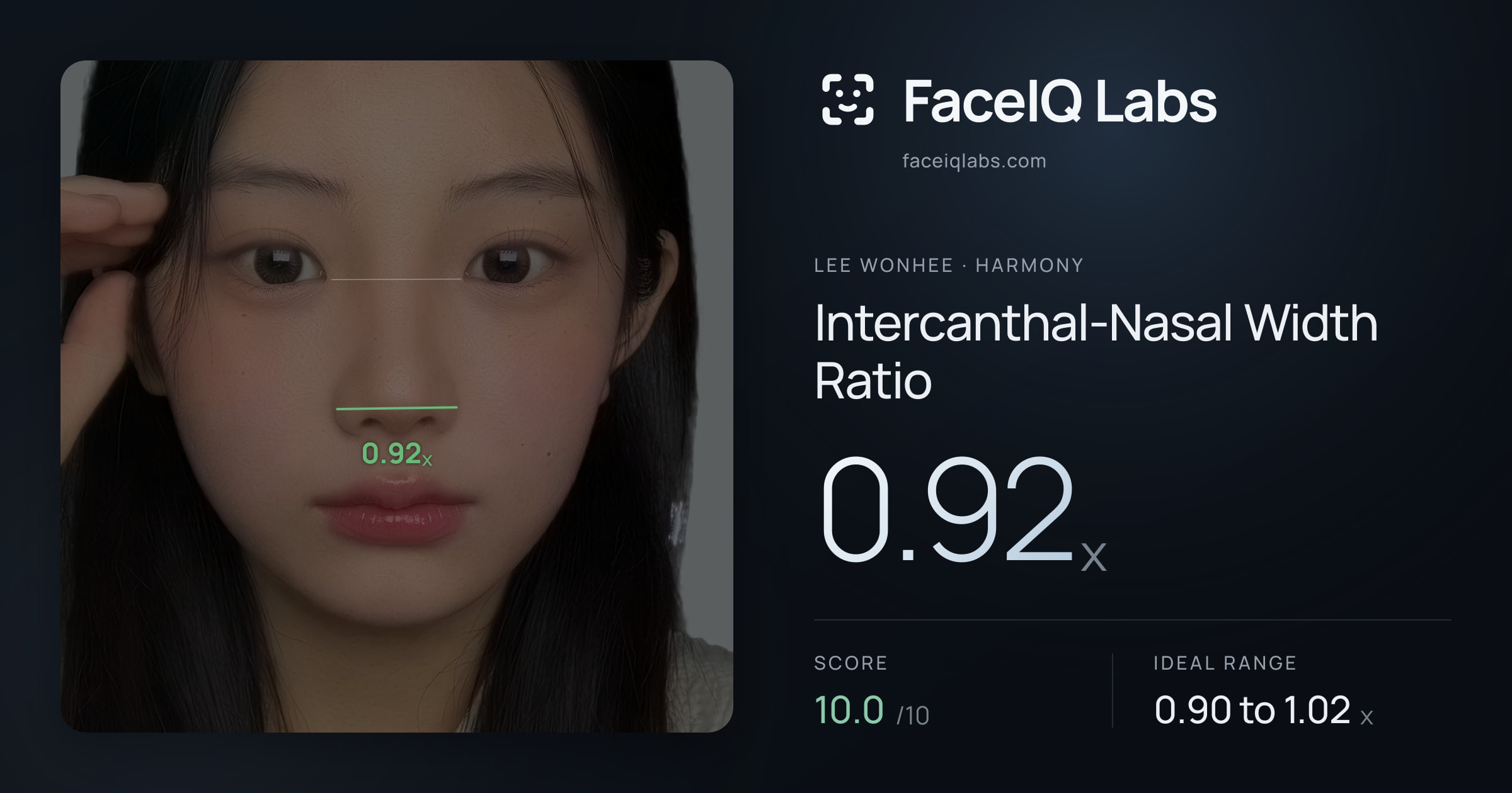 Lee Wonhee Intercanthal-Nasal Width Ratio: 0.92x, drawn on the photo