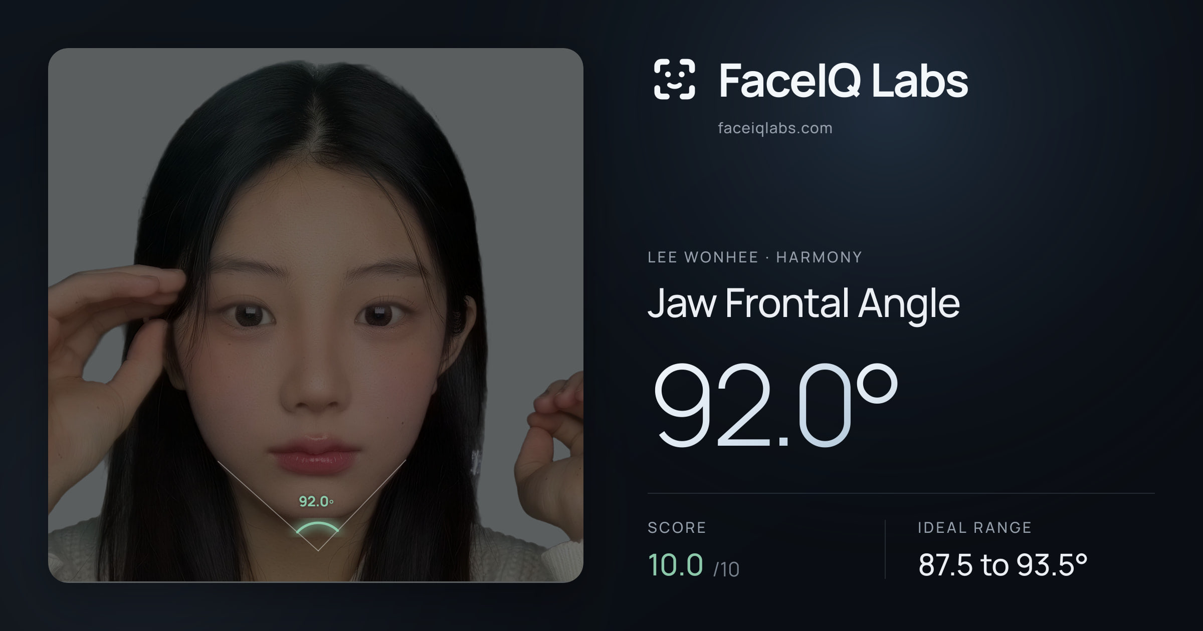 Lee Wonhee Jaw Frontal Angle: 92.0°, drawn on the photo