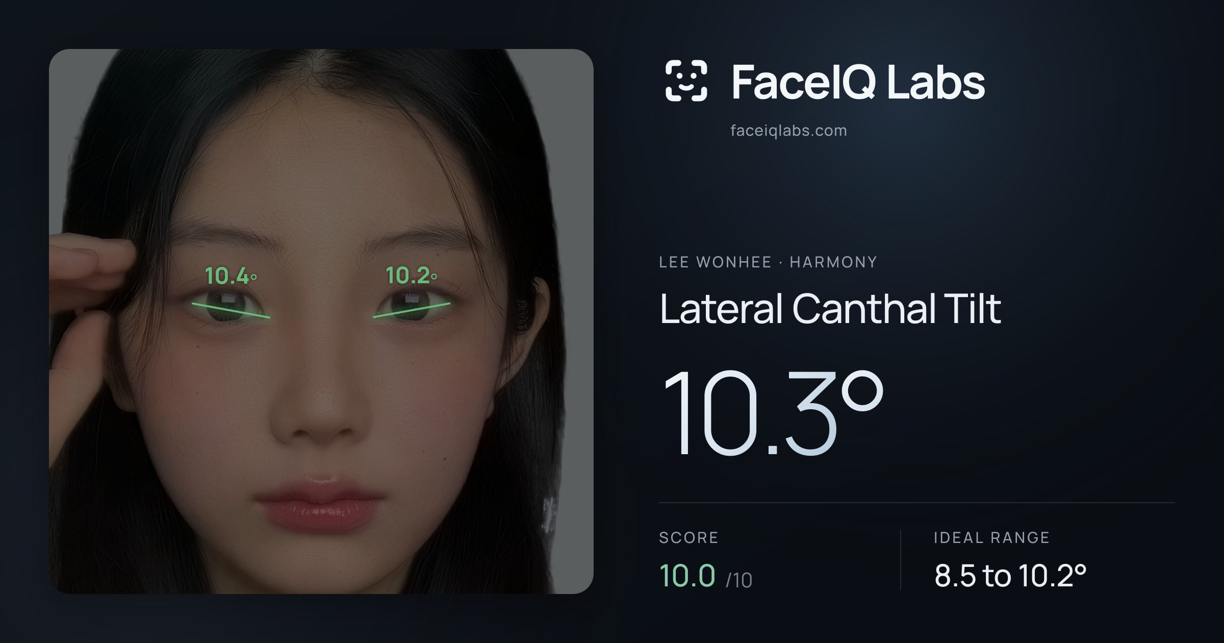 Lee Wonhee Lateral Canthal Tilt: 10.3°, drawn on the photo