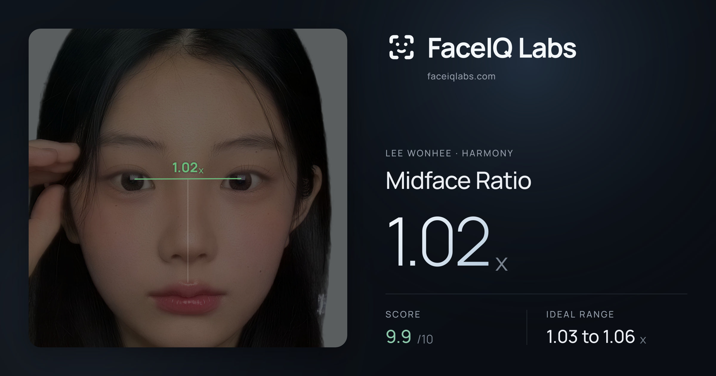Lee Wonhee Midface Ratio: 1.02x, drawn on the photo