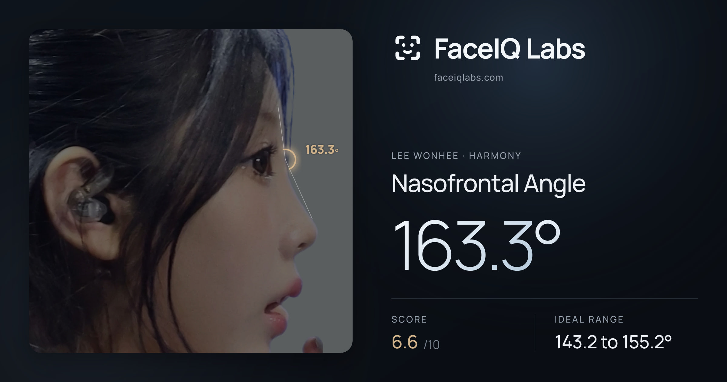 Lee Wonhee Nasofrontal Angle: 163.3°, drawn on the photo