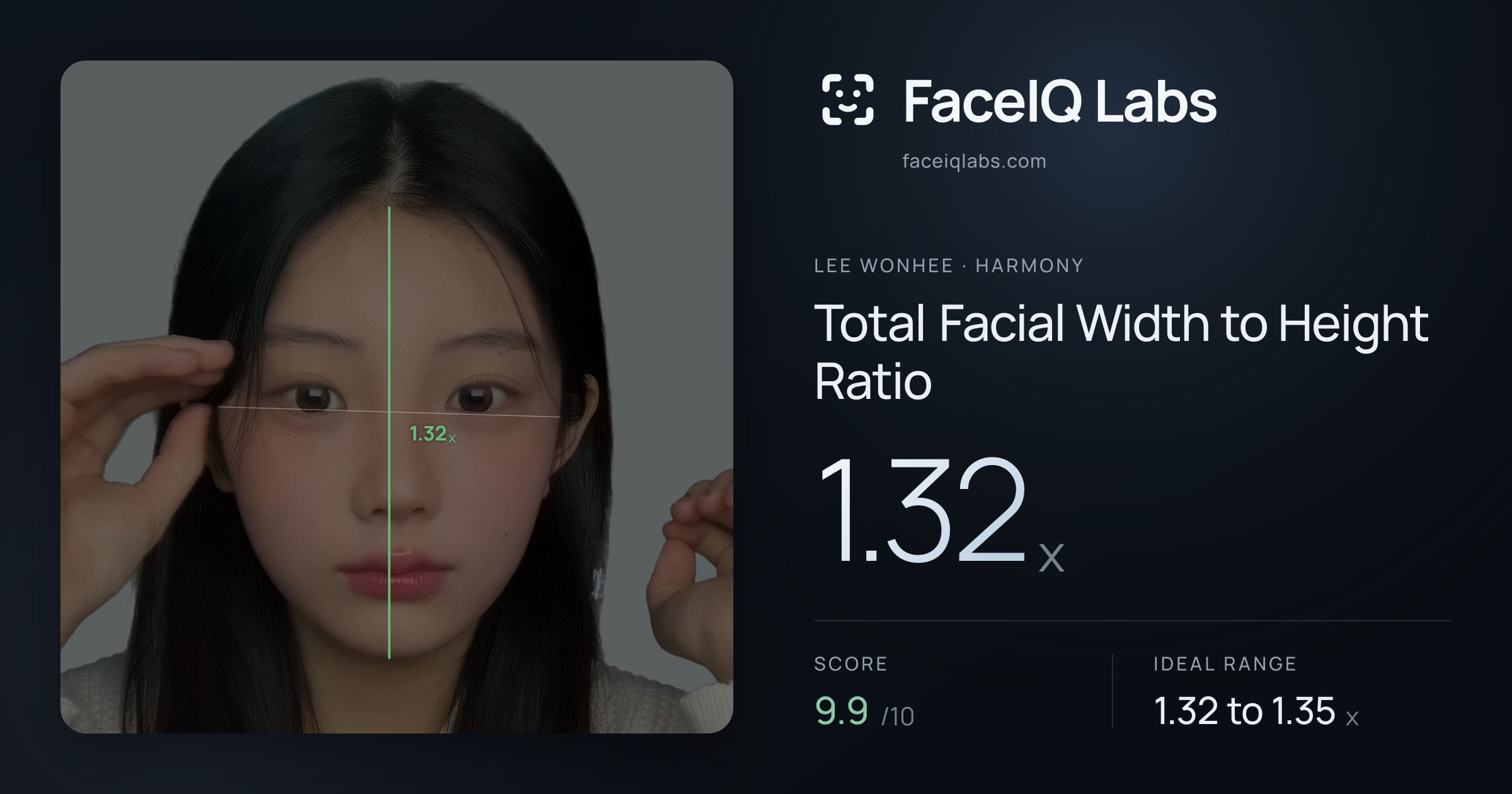 Lee Wonhee Total Facial Width to Height Ratio: 1.32x, drawn on the photo