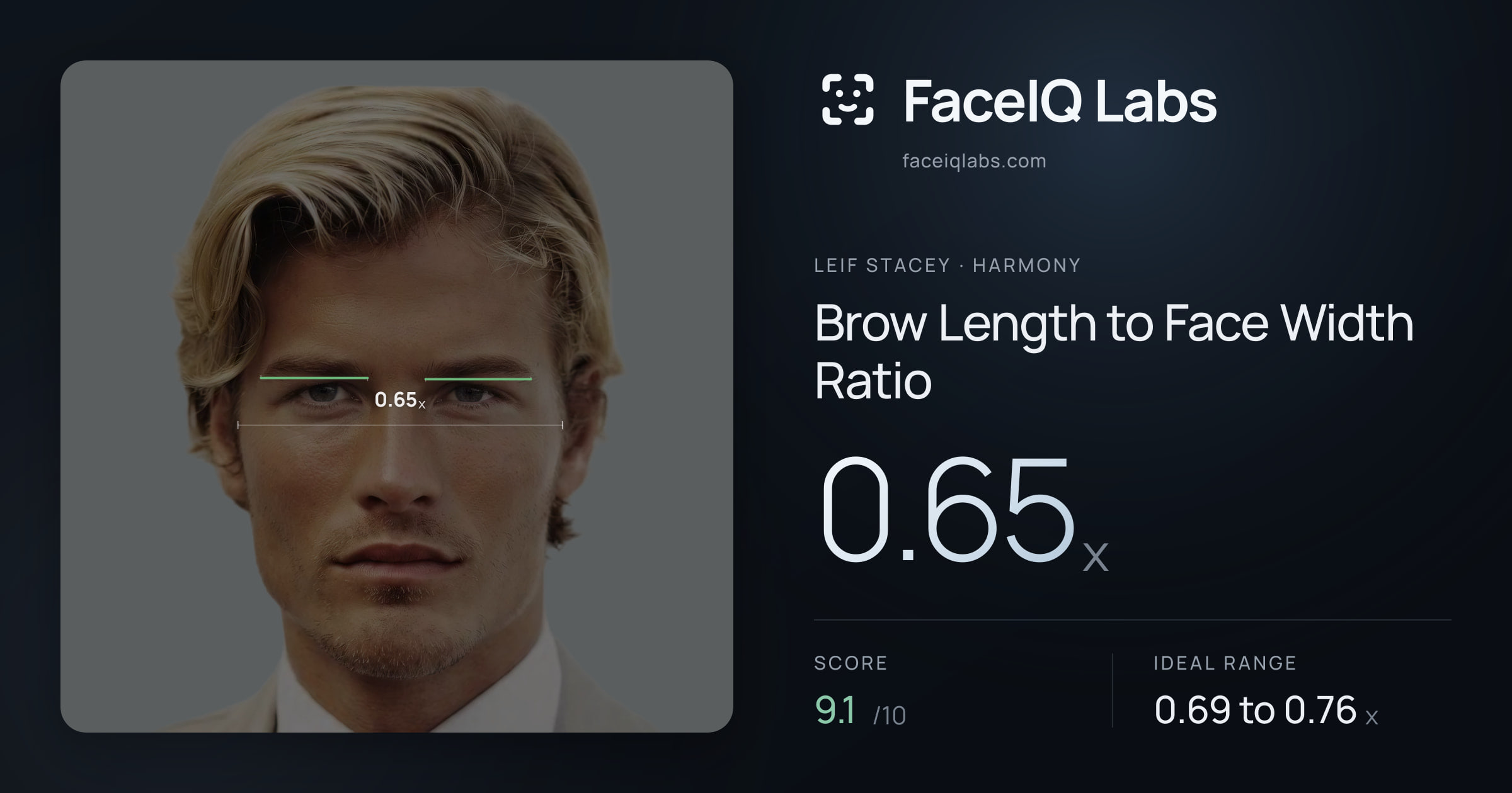 Leif Stacey Brow Length to Face Width Ratio: 0.65x, drawn on the photo