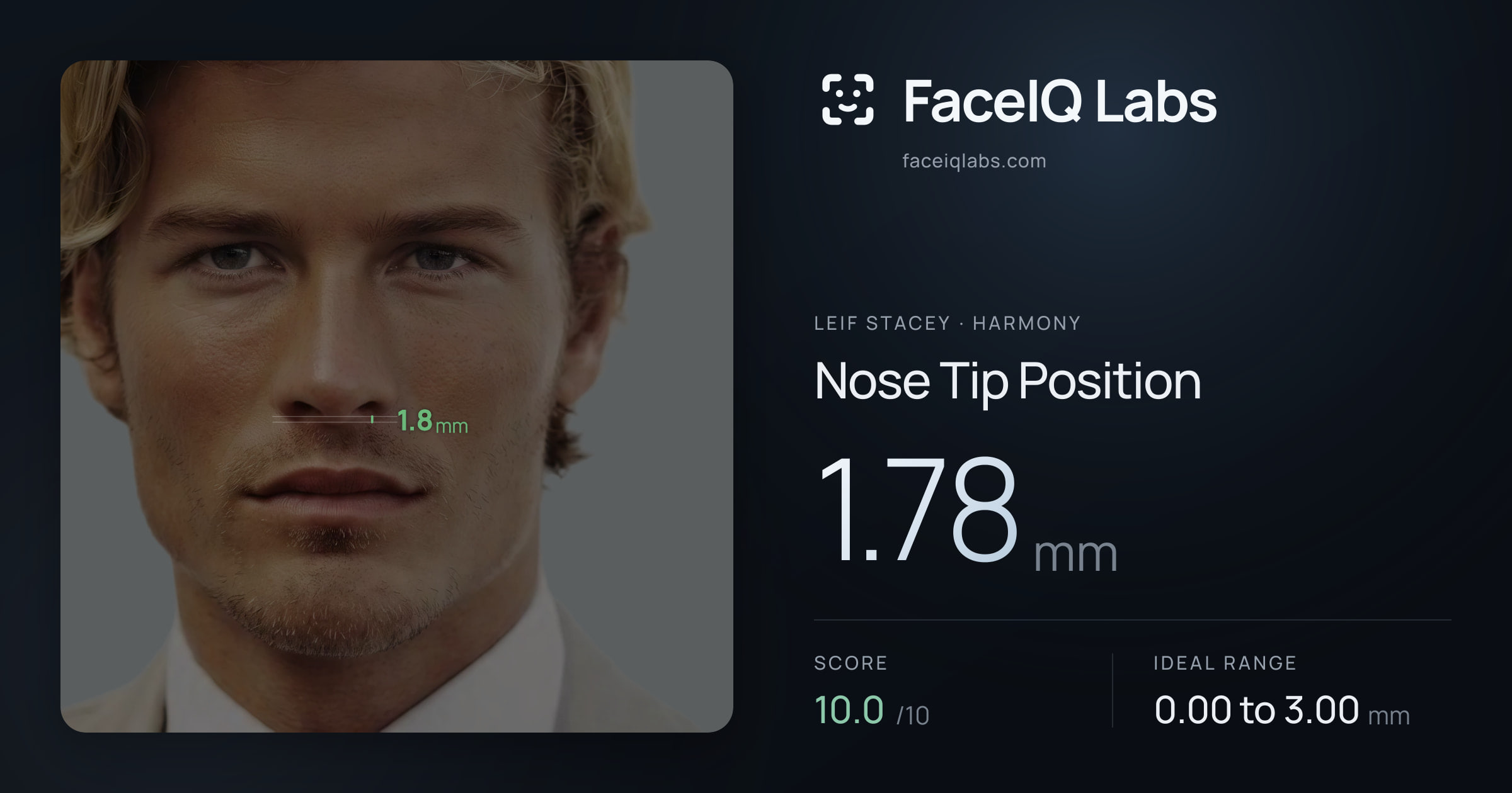 Leif Stacey Nose Tip Position: 1.78mm, drawn on the photo