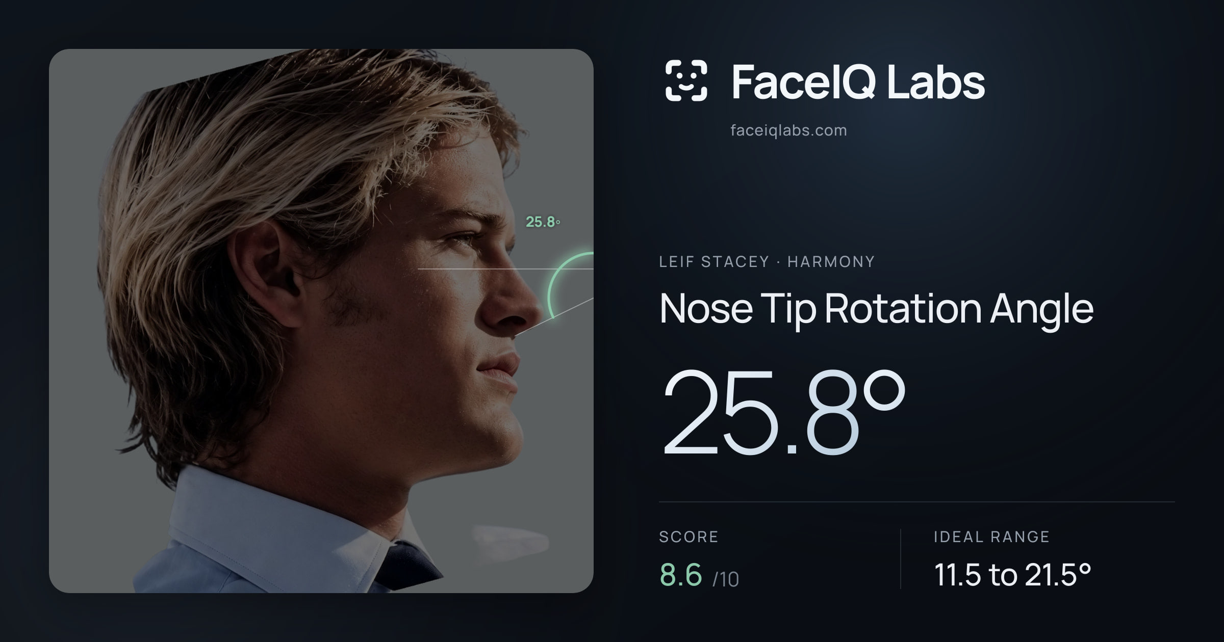 Leif Stacey Nose Tip Rotation Angle: 25.8°, drawn on the photo