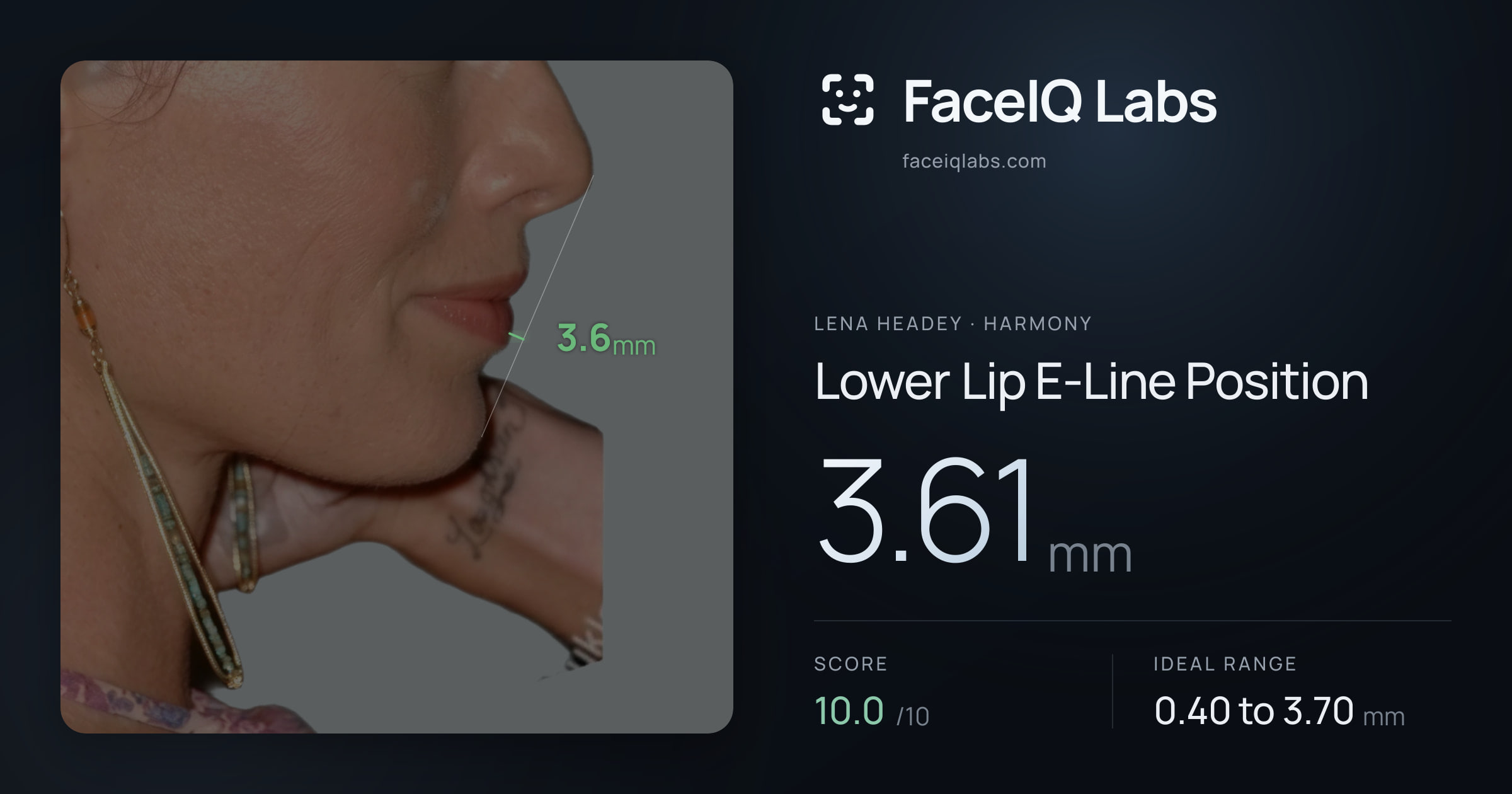 Lena Headey Lower Lip E-Line Position: 3.61mm, drawn on the photo
