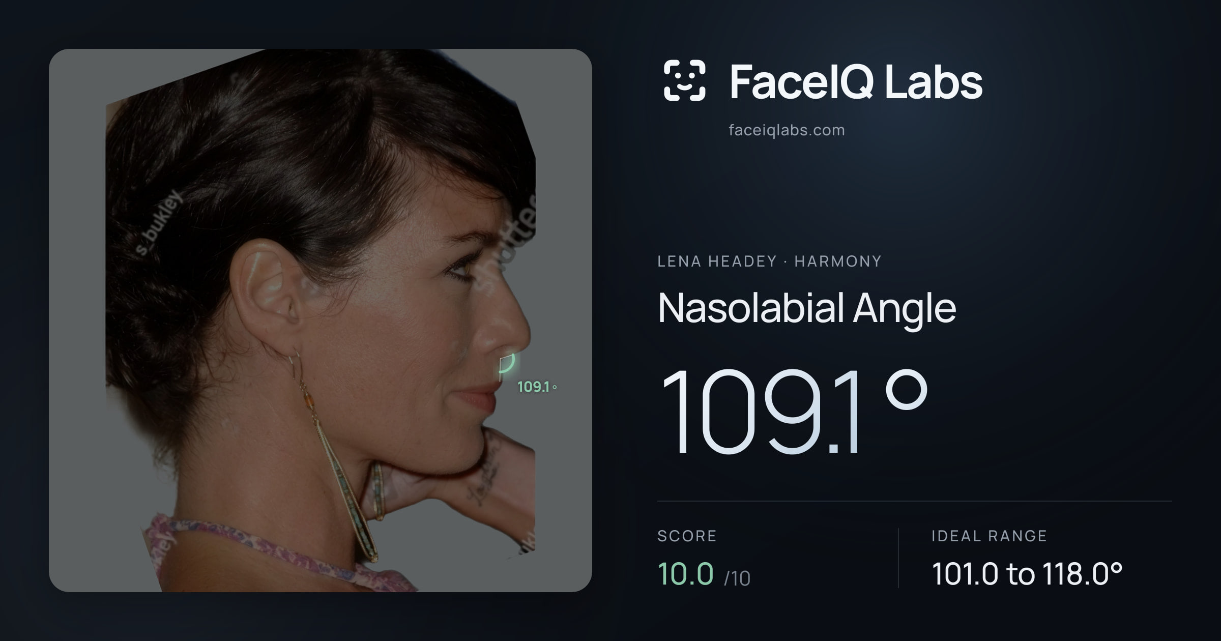 Lena Headey Nasolabial Angle: 109.1°, drawn on the photo