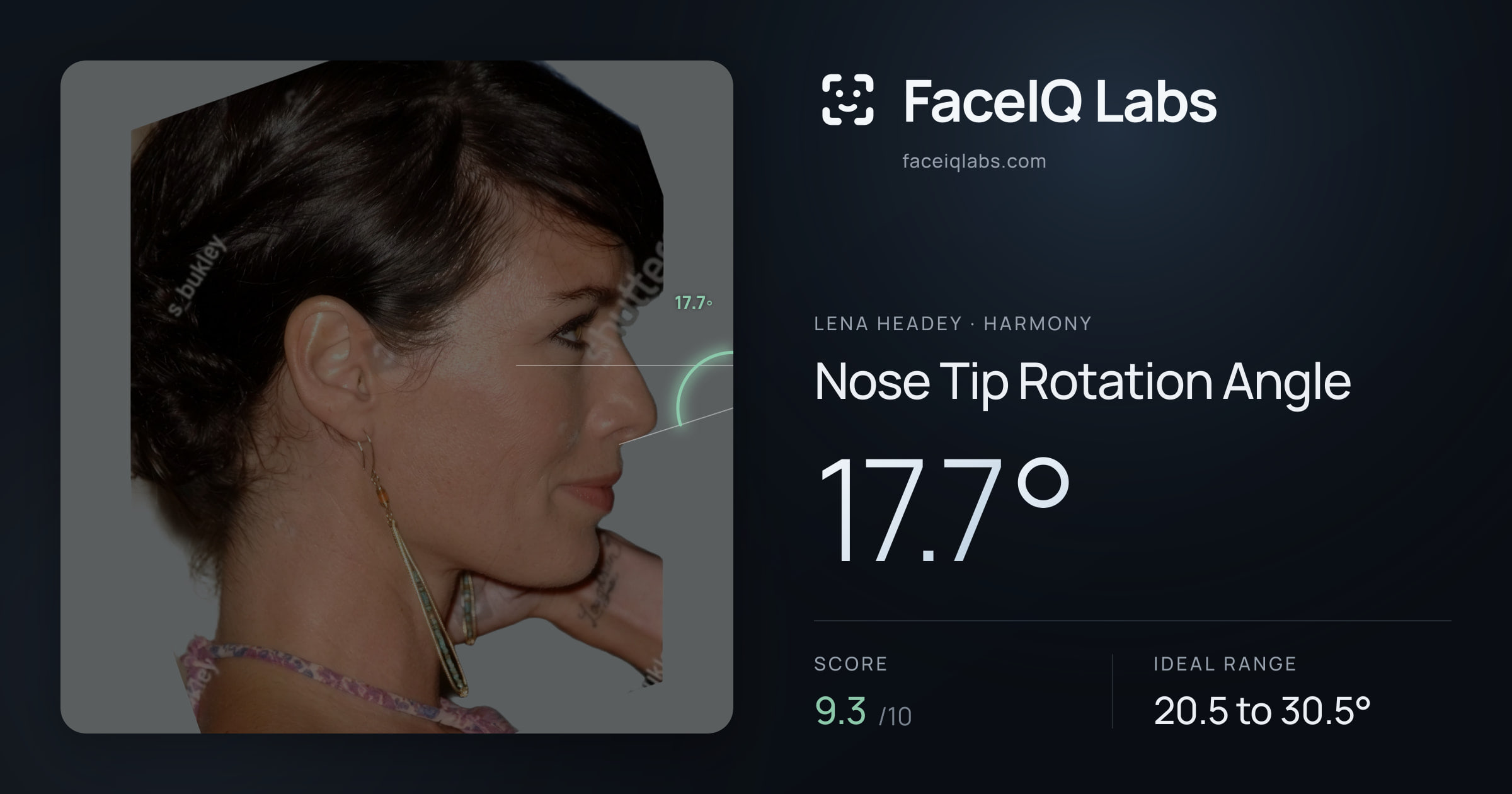 Lena Headey Nose Tip Rotation Angle: 17.7°, drawn on the photo