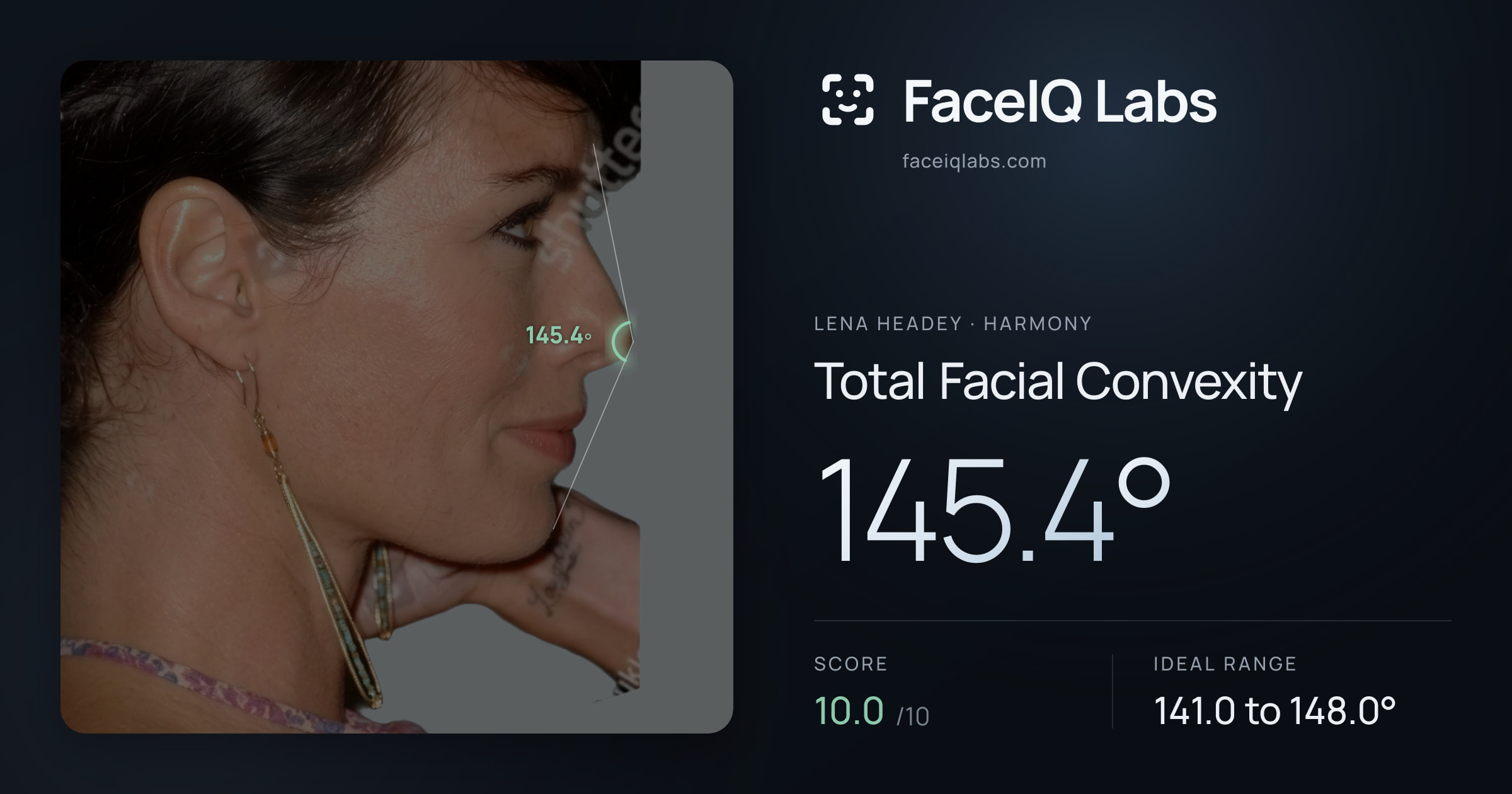 Lena Headey Total Facial Convexity: 145.4°, drawn on the photo
