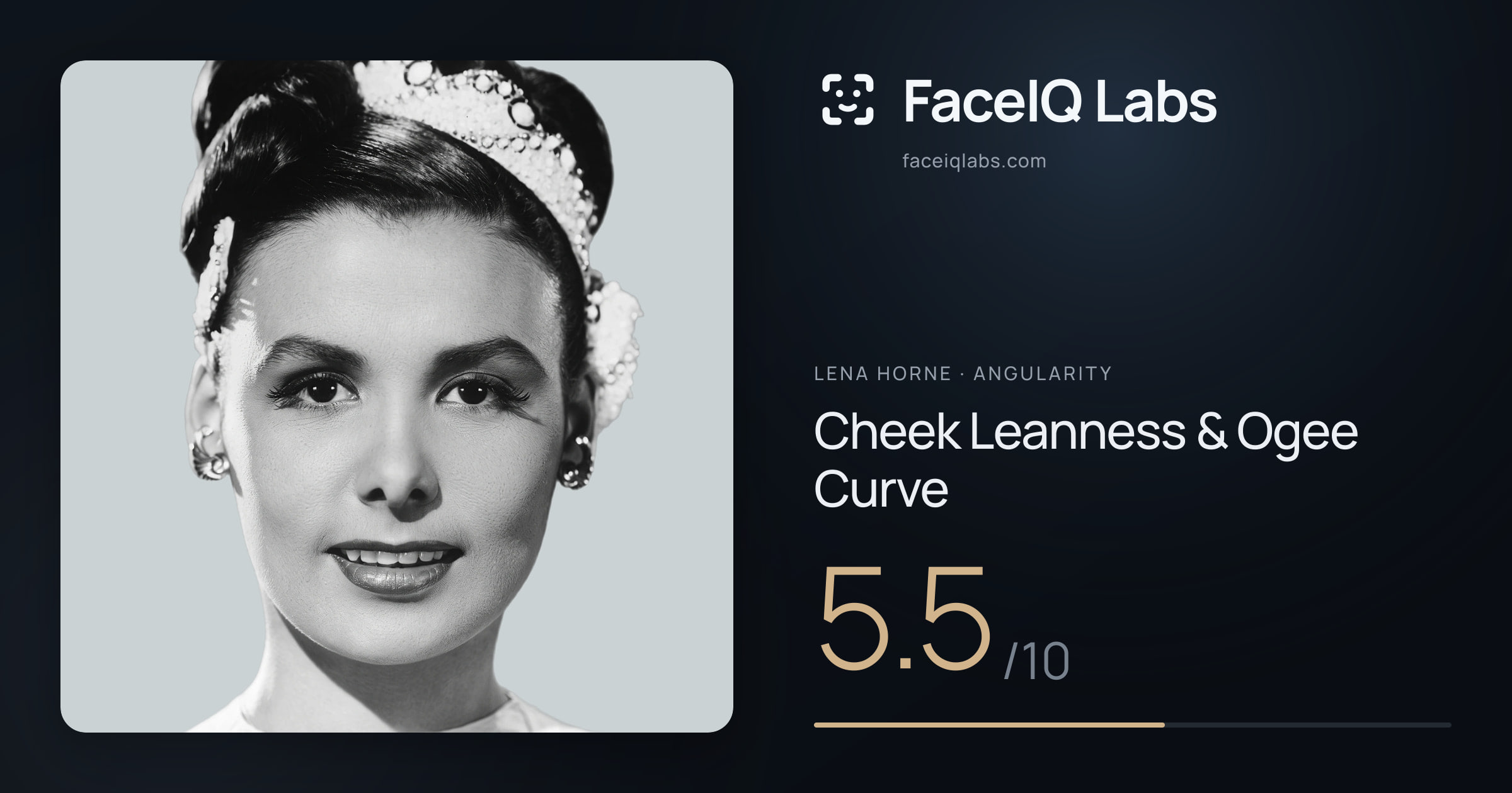 Lena Horne Cheek Leanness & Ogee Curve: 5.5/10, drawn on the photo