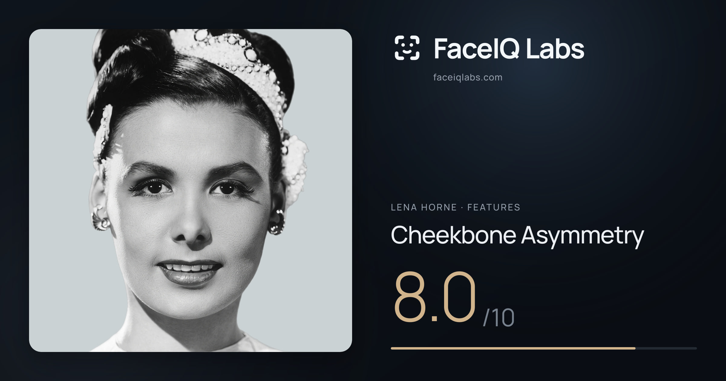 Lena Horne Cheekbone Asymmetry: 8.0/10, drawn on the photo