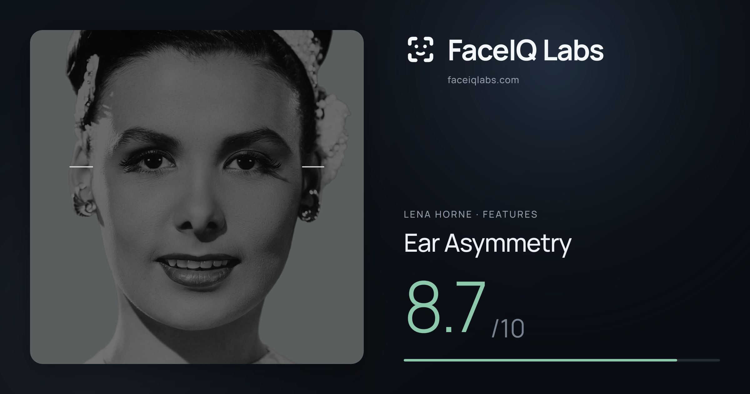 Lena Horne Ear Asymmetry: 8.7/10, drawn on the photo