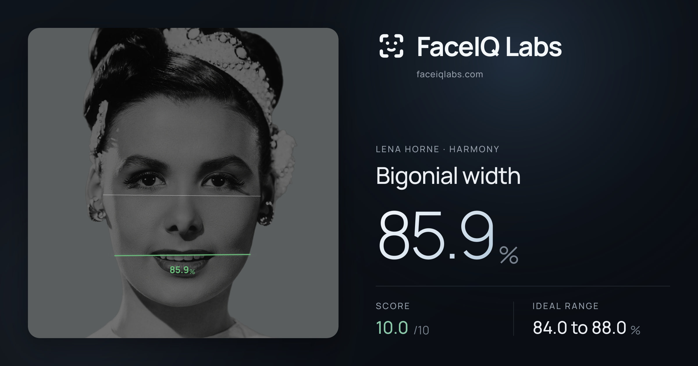 Lena Horne Bigonial width: 85.9%, drawn on the photo