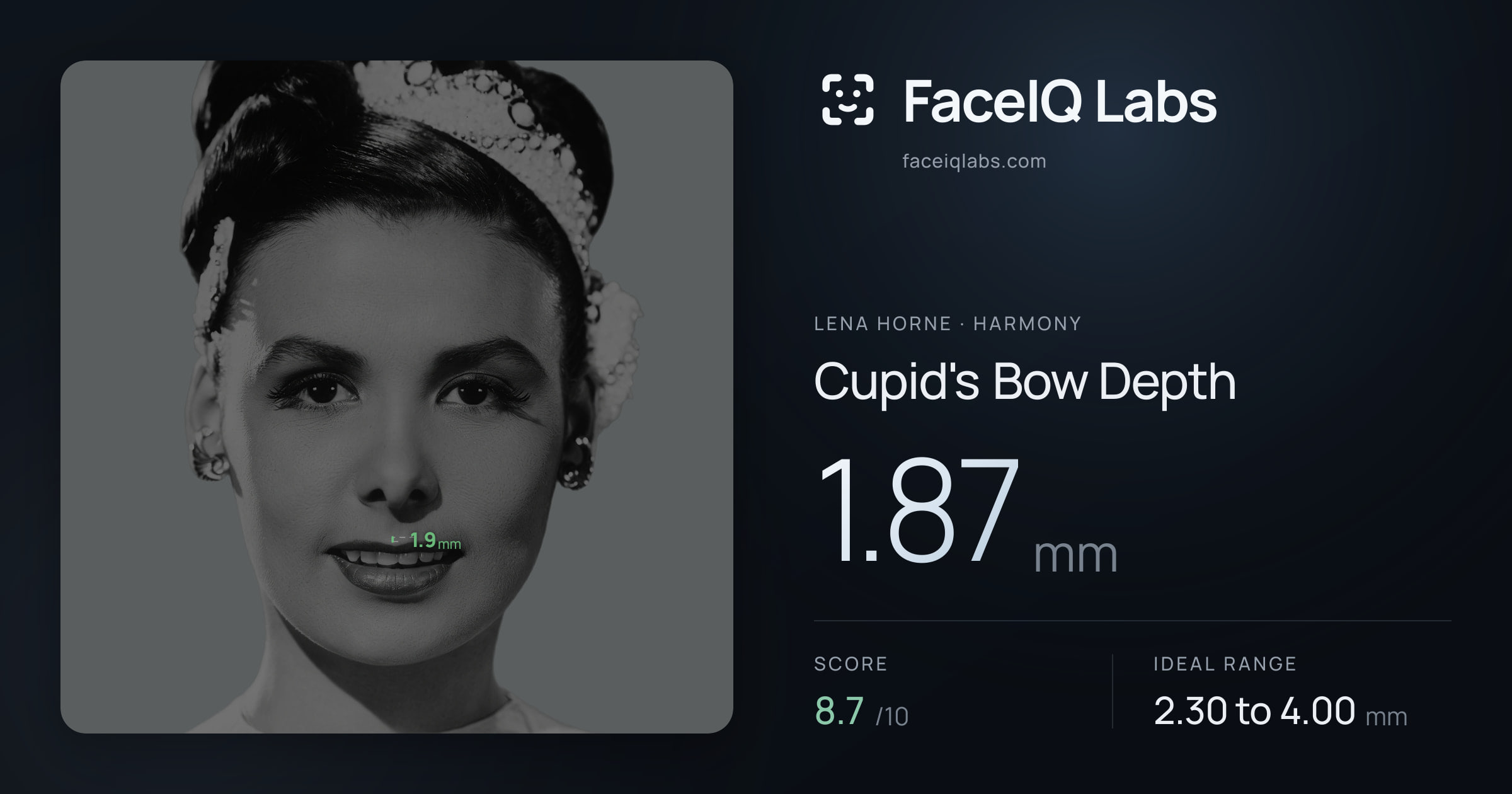 Lena Horne Cupid's Bow Depth: 1.87mm, drawn on the photo