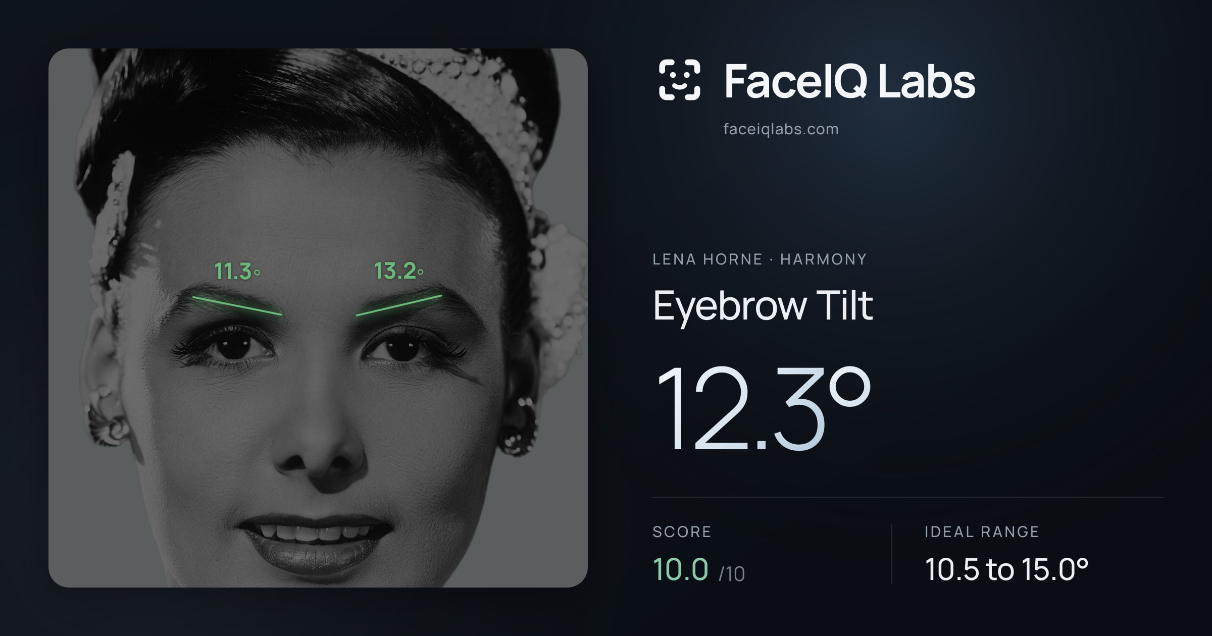 Lena Horne Eyebrow Tilt: 12.3°, drawn on the photo