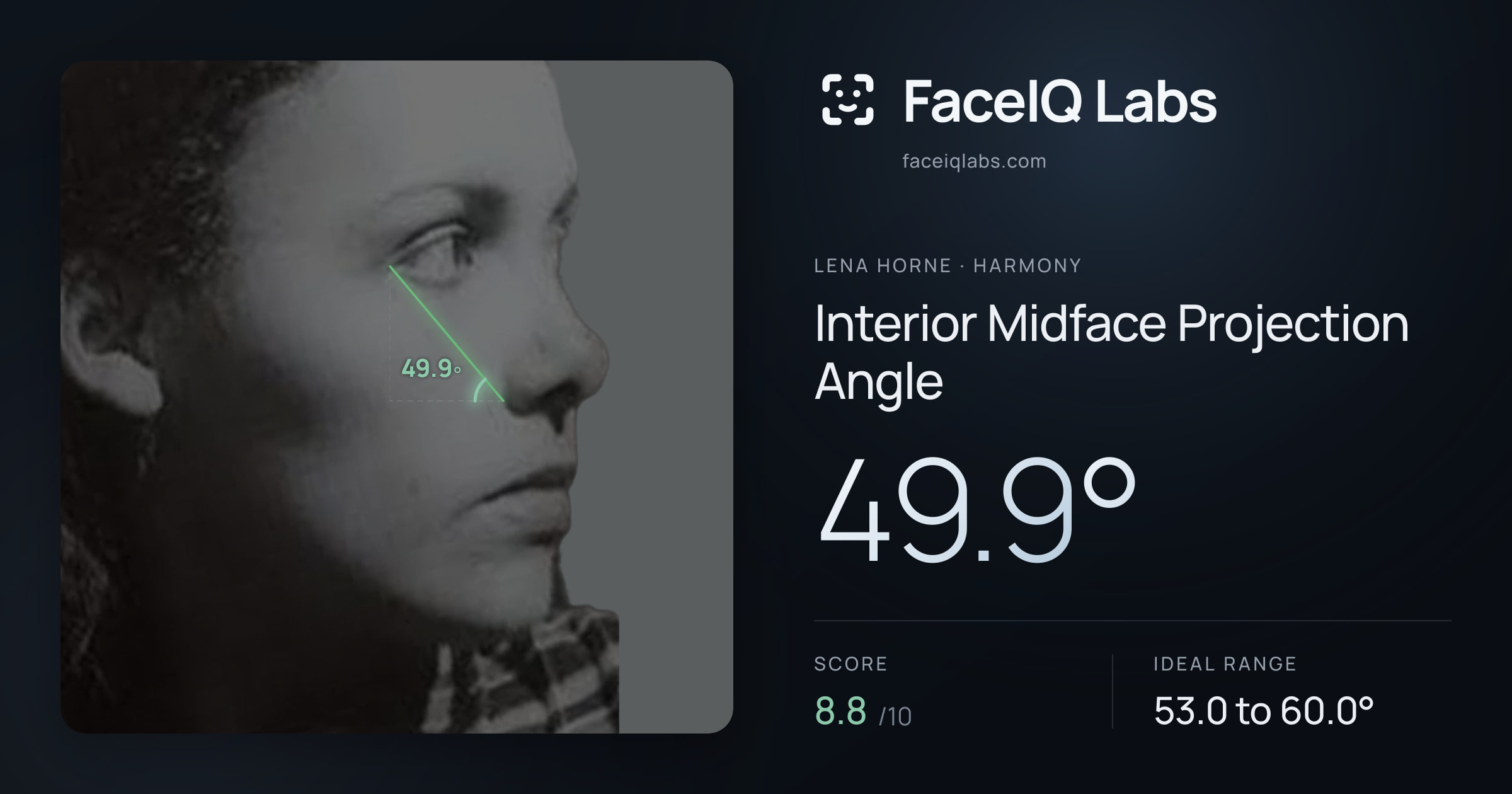 Lena Horne Interior Midface Projection Angle: 49.9°, drawn on the photo