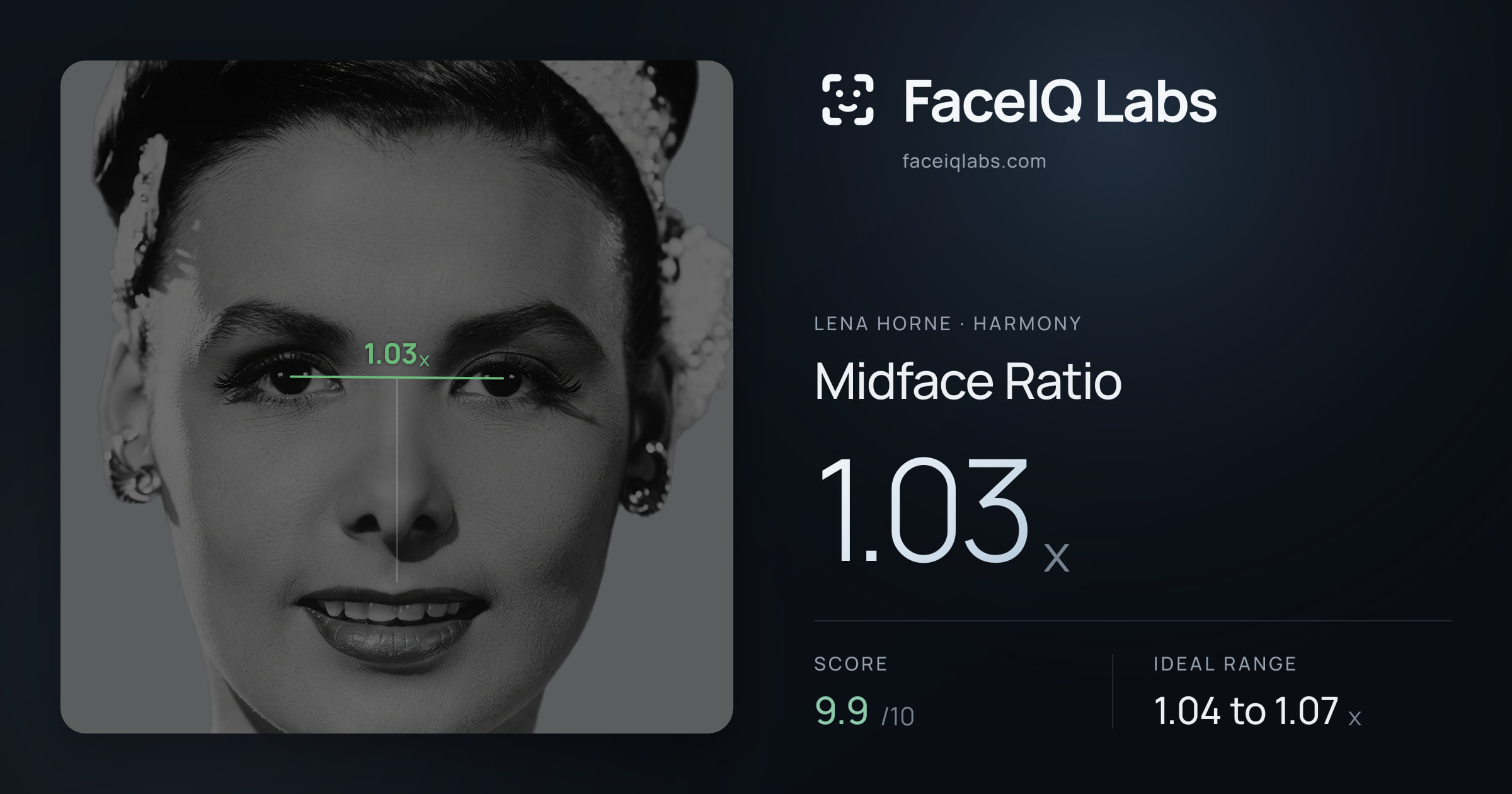 Lena Horne Midface Ratio: 1.03x, drawn on the photo