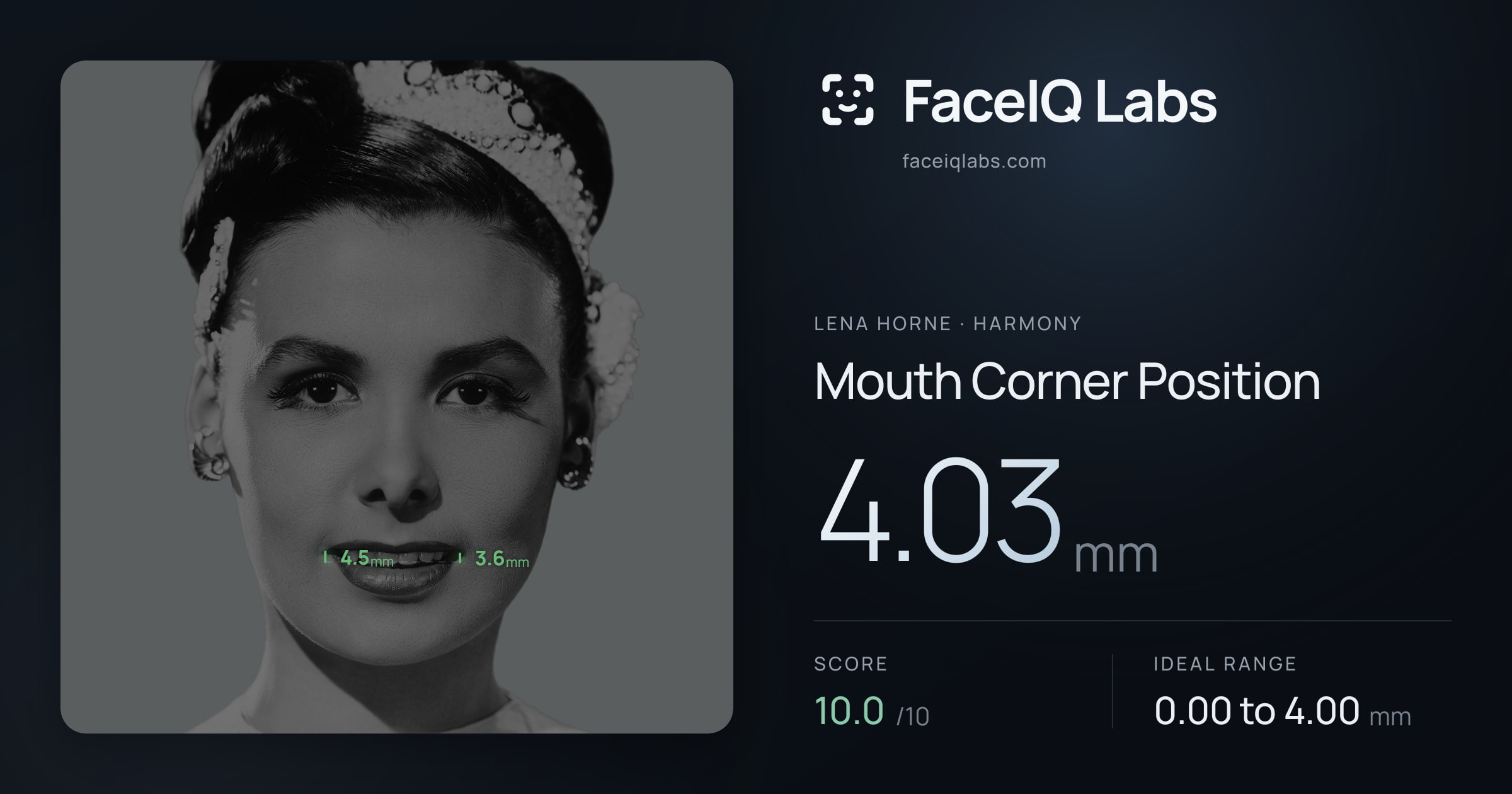 Lena Horne Mouth Corner Position: 4.03mm, drawn on the photo