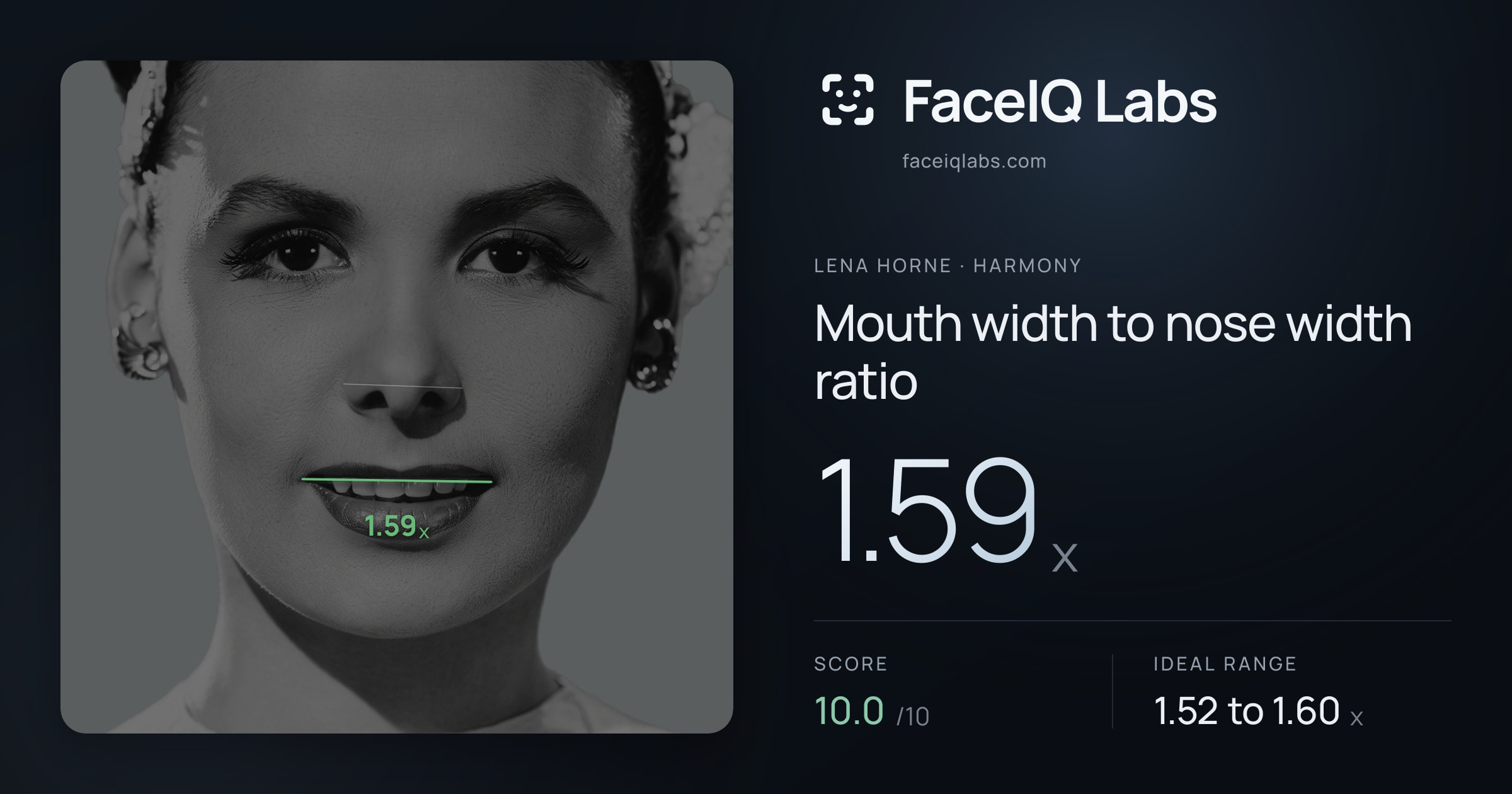 Lena Horne Mouth width to nose width ratio: 1.59x, drawn on the photo