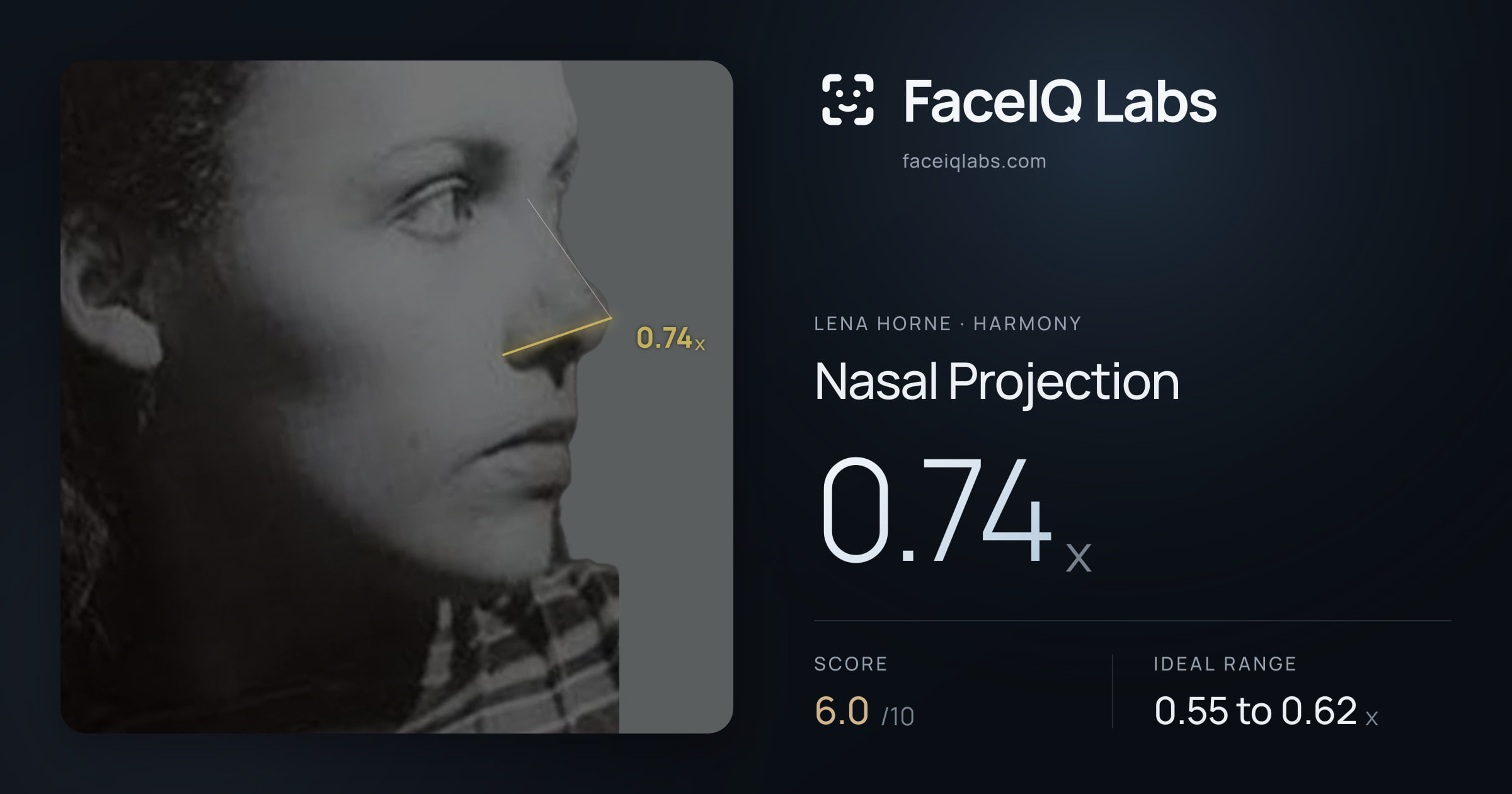 Lena Horne Nasal Projection: 0.74x, drawn on the photo