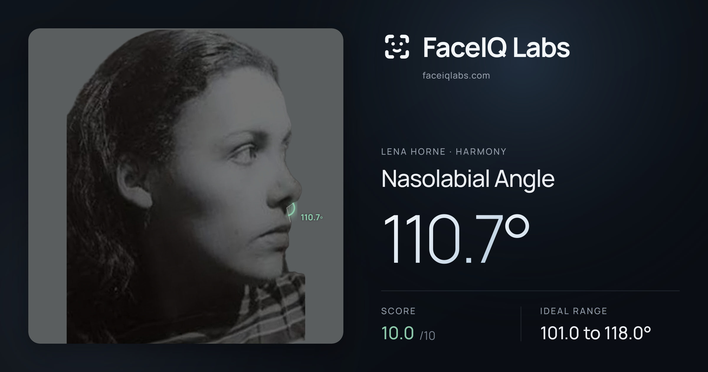 Lena Horne Nasolabial Angle: 110.7°, drawn on the photo