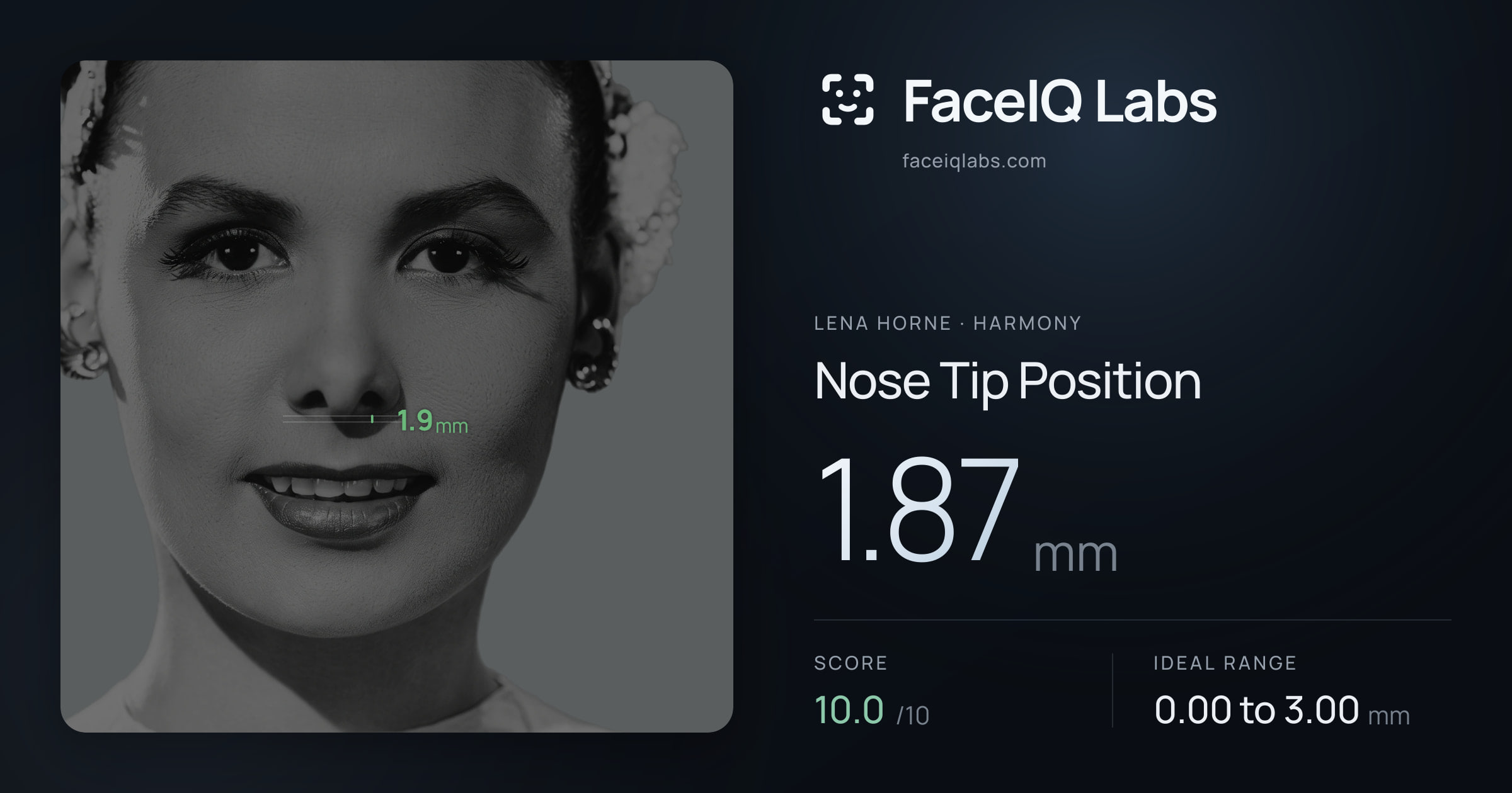 Lena Horne Nose Tip Position: 1.87mm, drawn on the photo