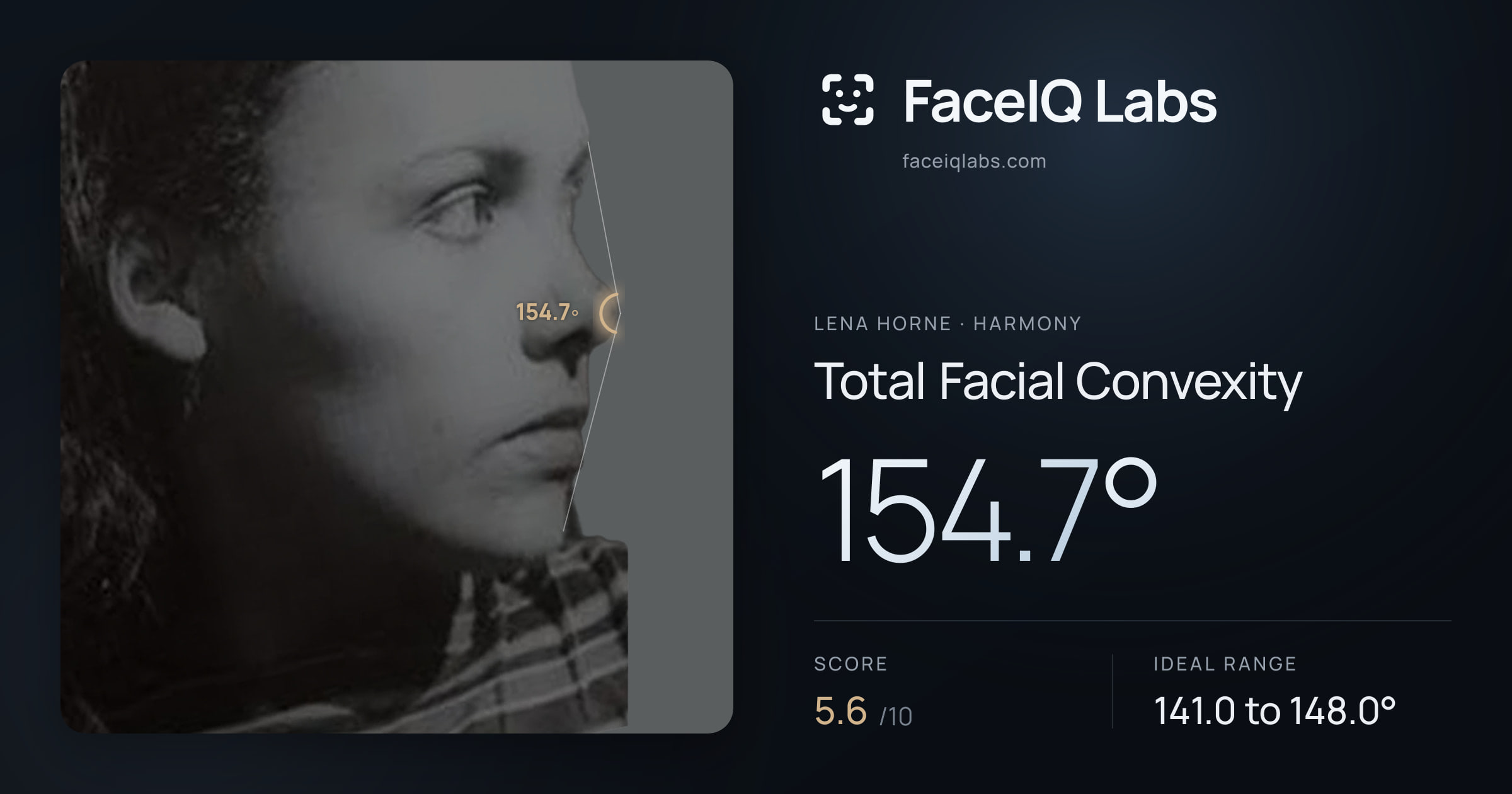 Lena Horne Total Facial Convexity: 154.7°, drawn on the photo