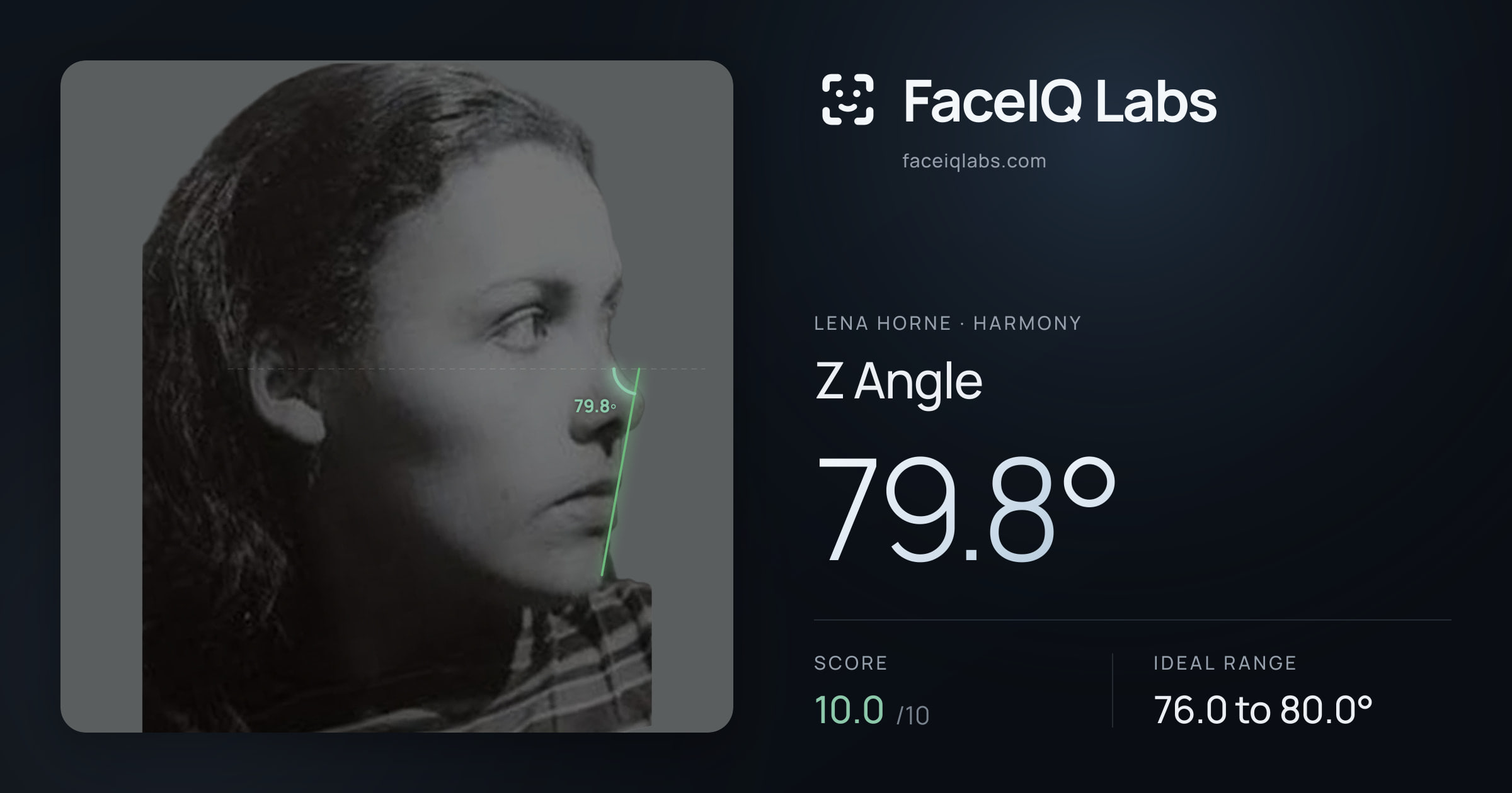 Lena Horne Z Angle: 79.8°, drawn on the photo