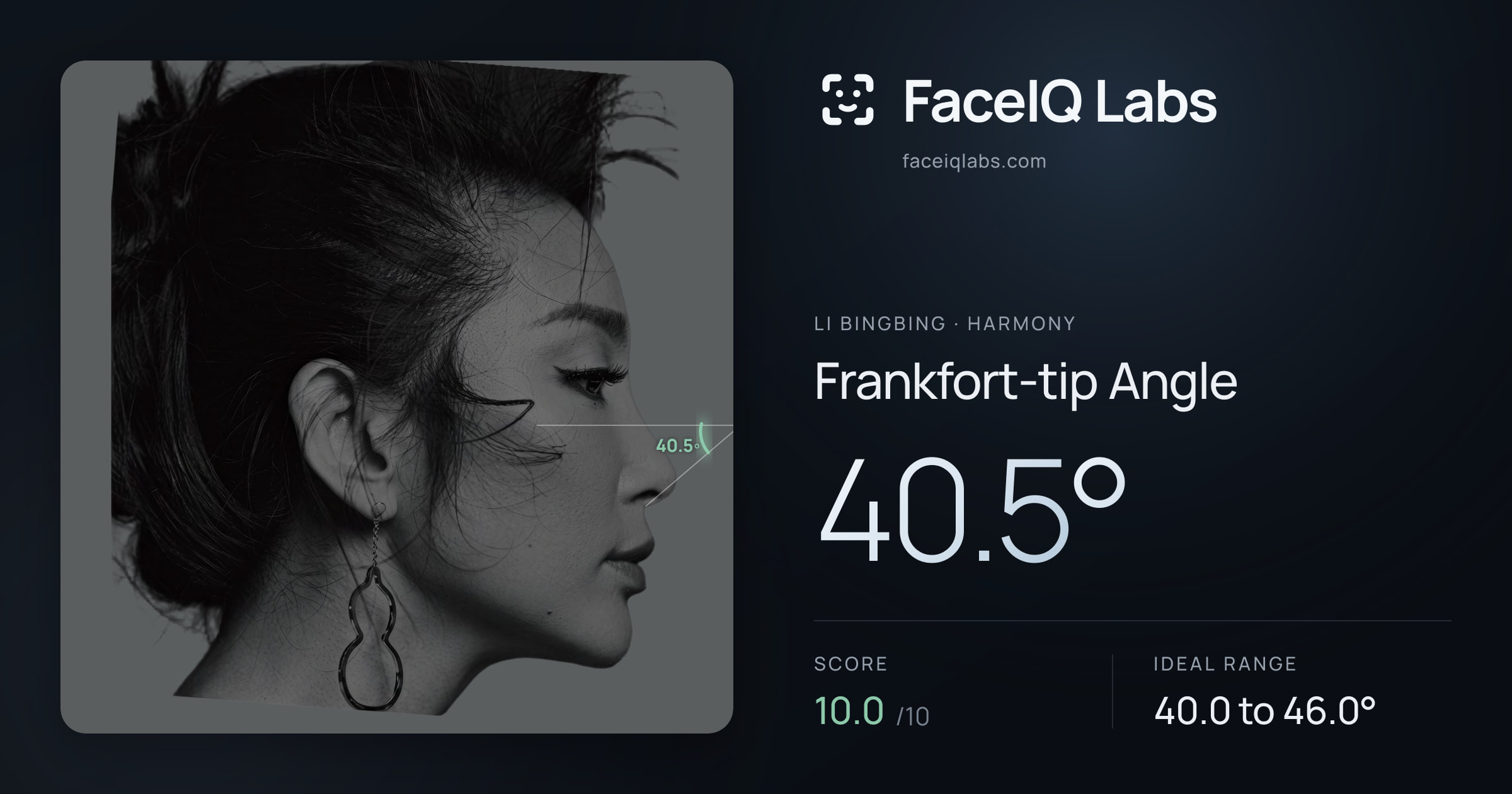 Li Bingbing Frankfort-tip Angle: 40.5°, drawn on the photo