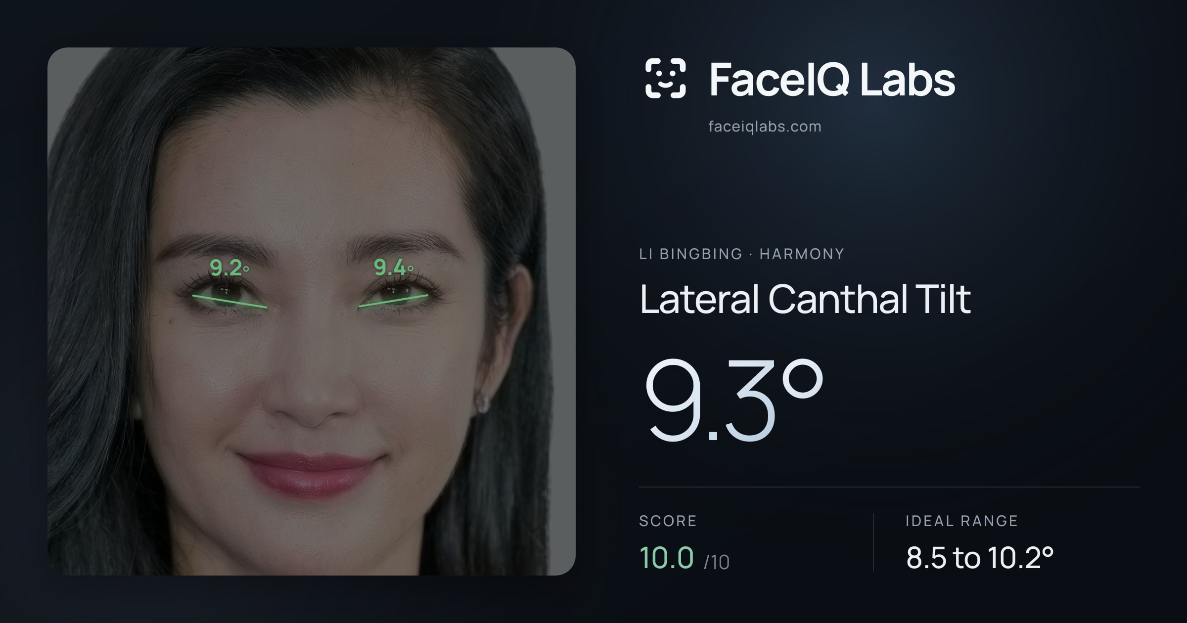 Li Bingbing Lateral Canthal Tilt: 9.3°, drawn on the photo