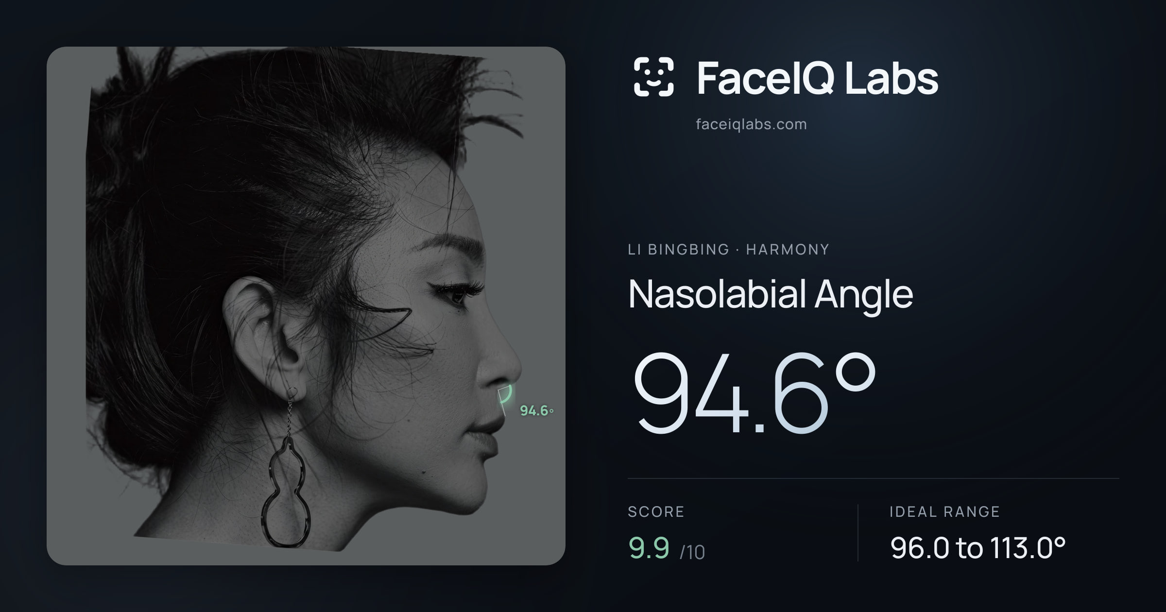 Li Bingbing Nasolabial Angle: 94.6°, drawn on the photo