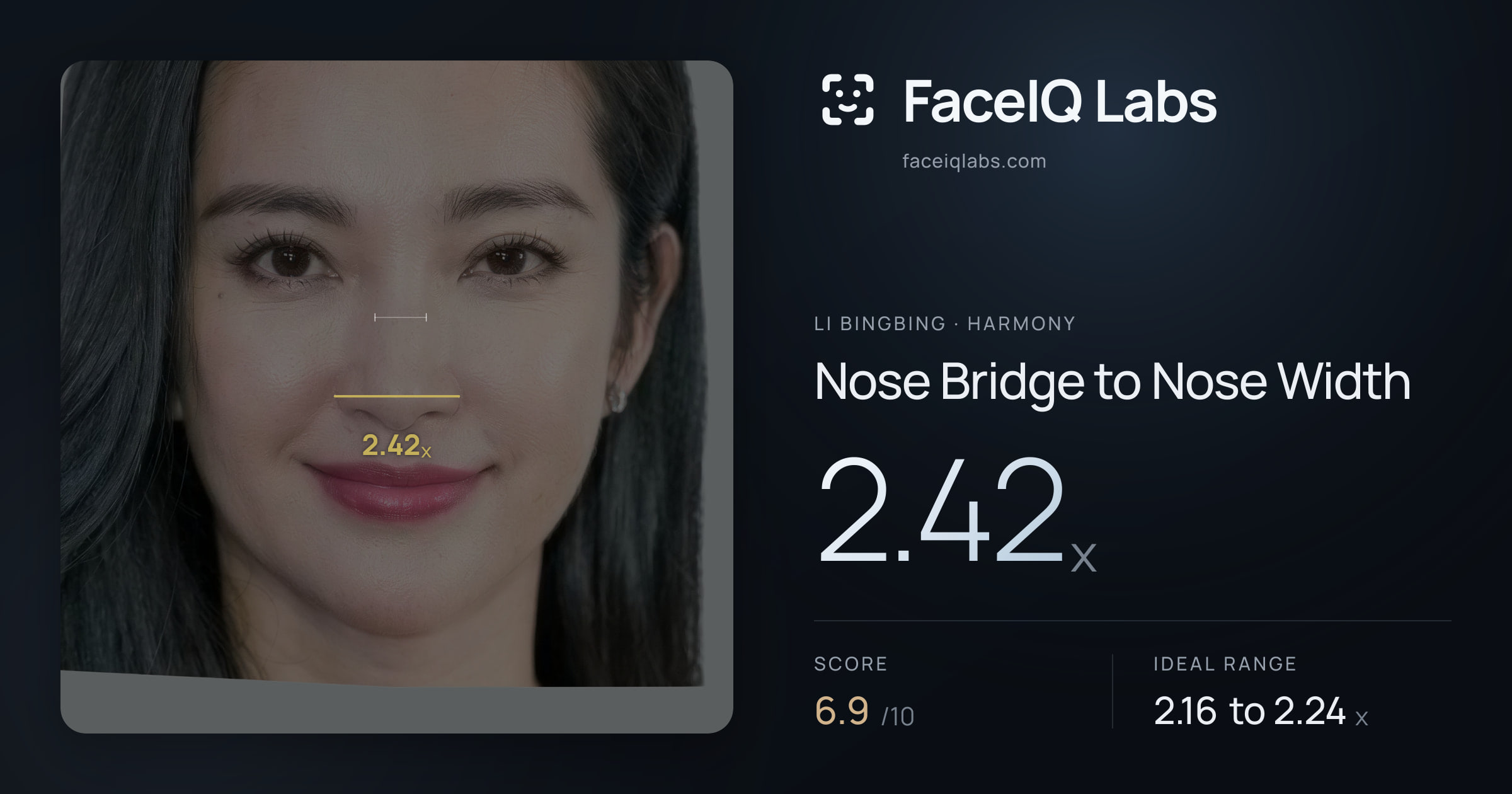 Li Bingbing Nose Bridge to Nose Width: 2.42x, drawn on the photo