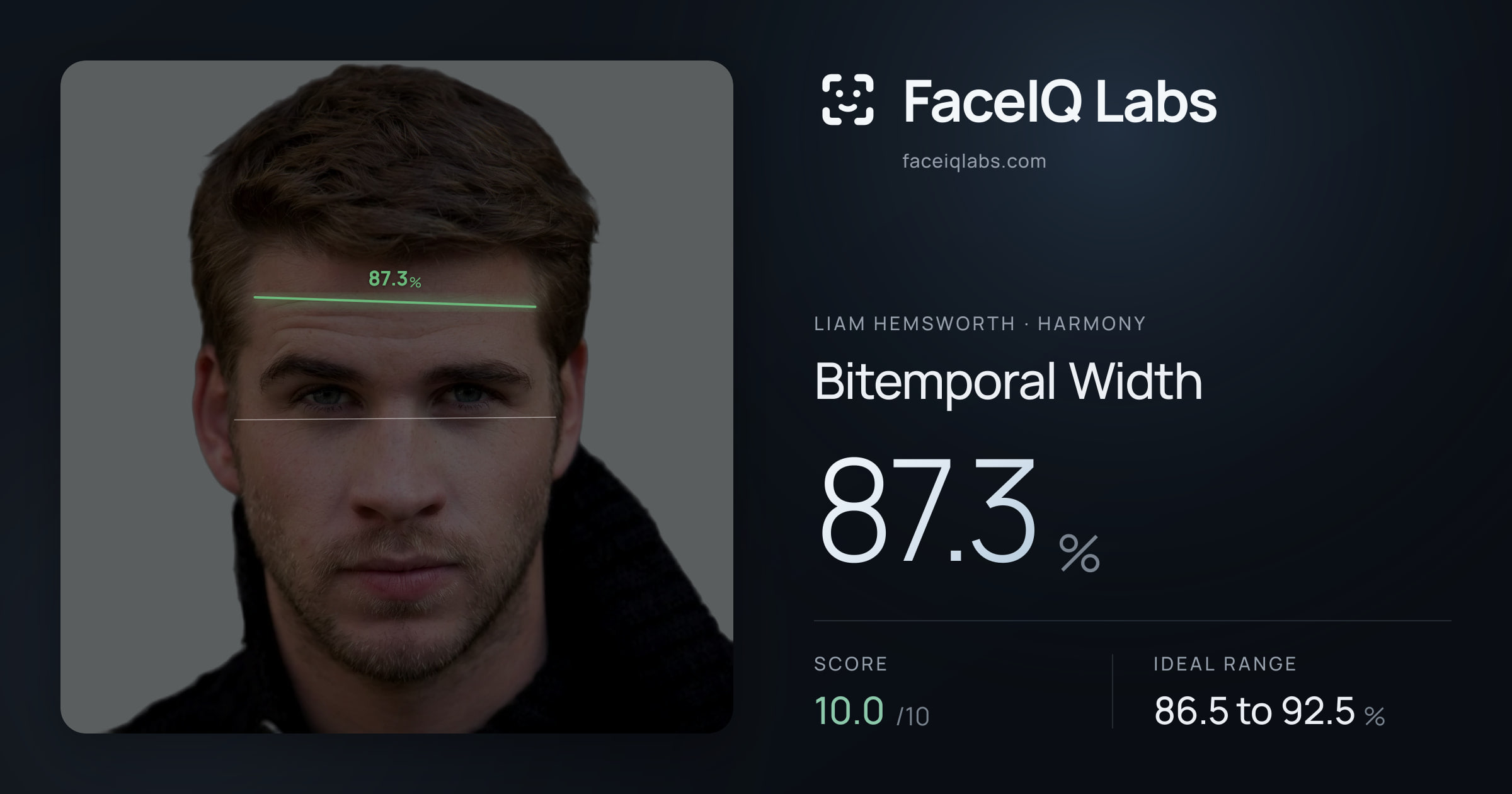 Liam Hemsworth Bitemporal Width: 87.3%, drawn on the photo
