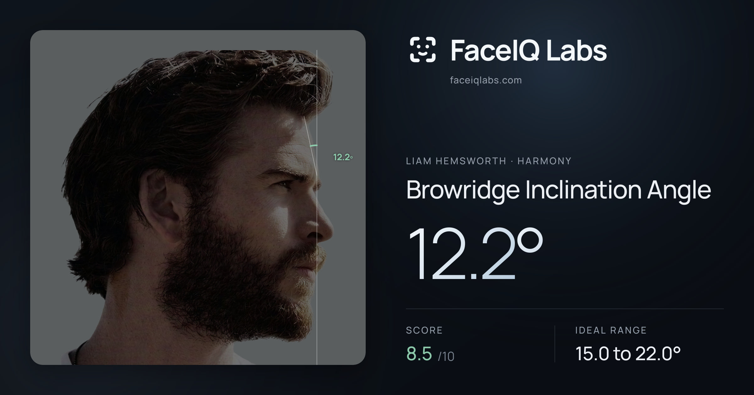 Liam Hemsworth Browridge Inclination Angle: 12.2°, drawn on the photo