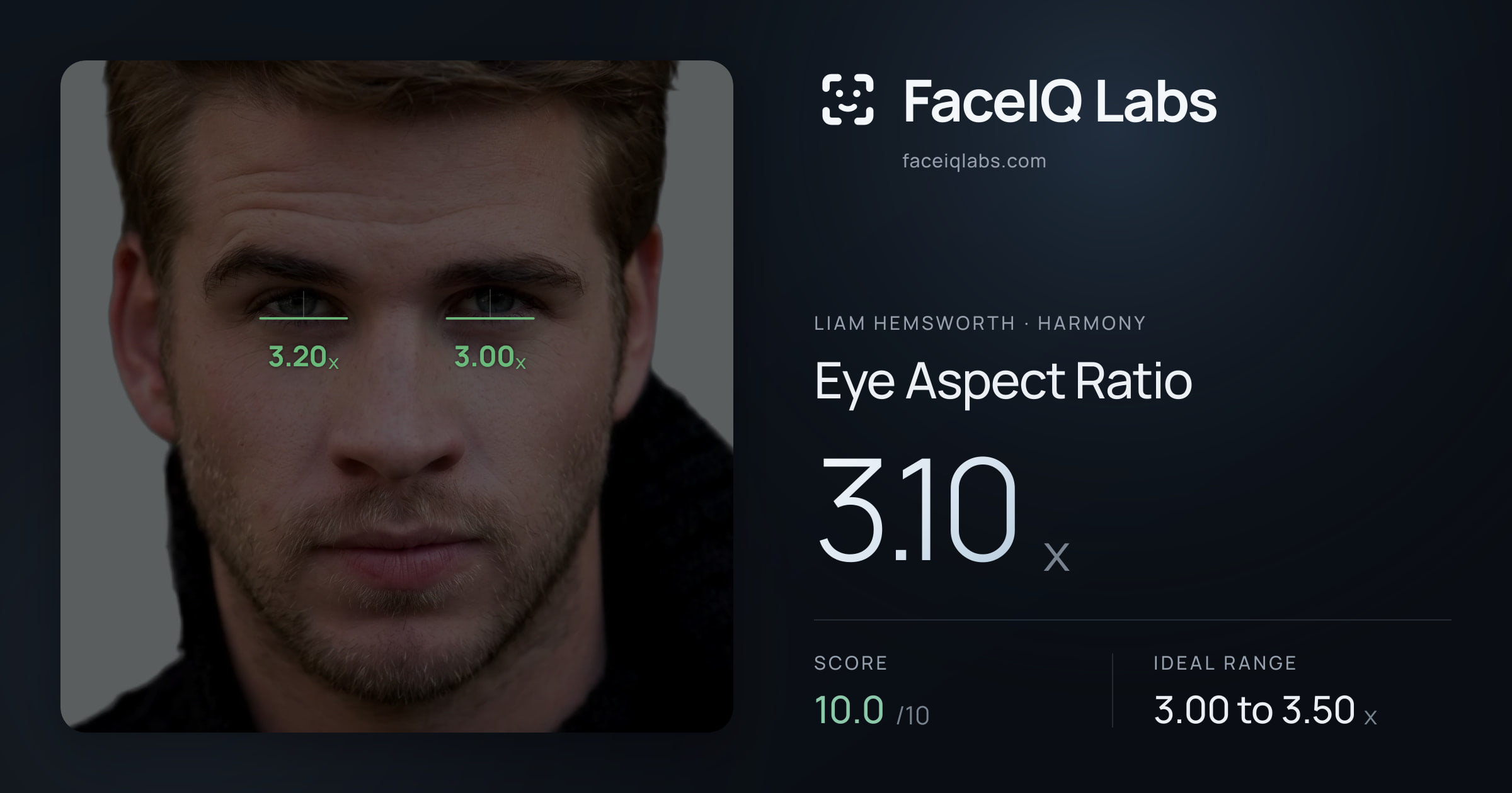 Liam Hemsworth Eye Aspect Ratio: 3.10x, drawn on the photo