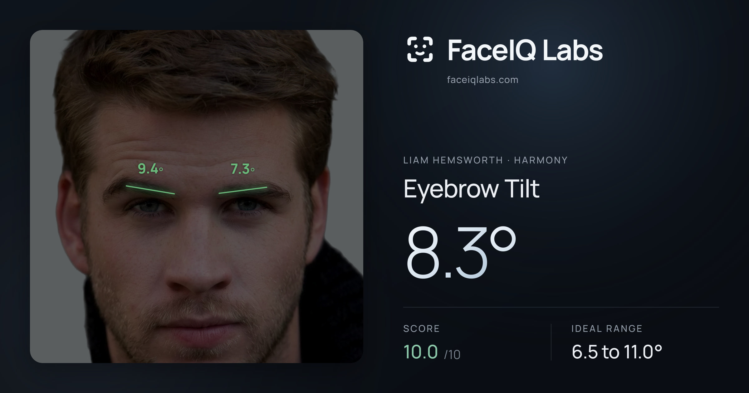 Liam Hemsworth Eyebrow Tilt: 8.3°, drawn on the photo