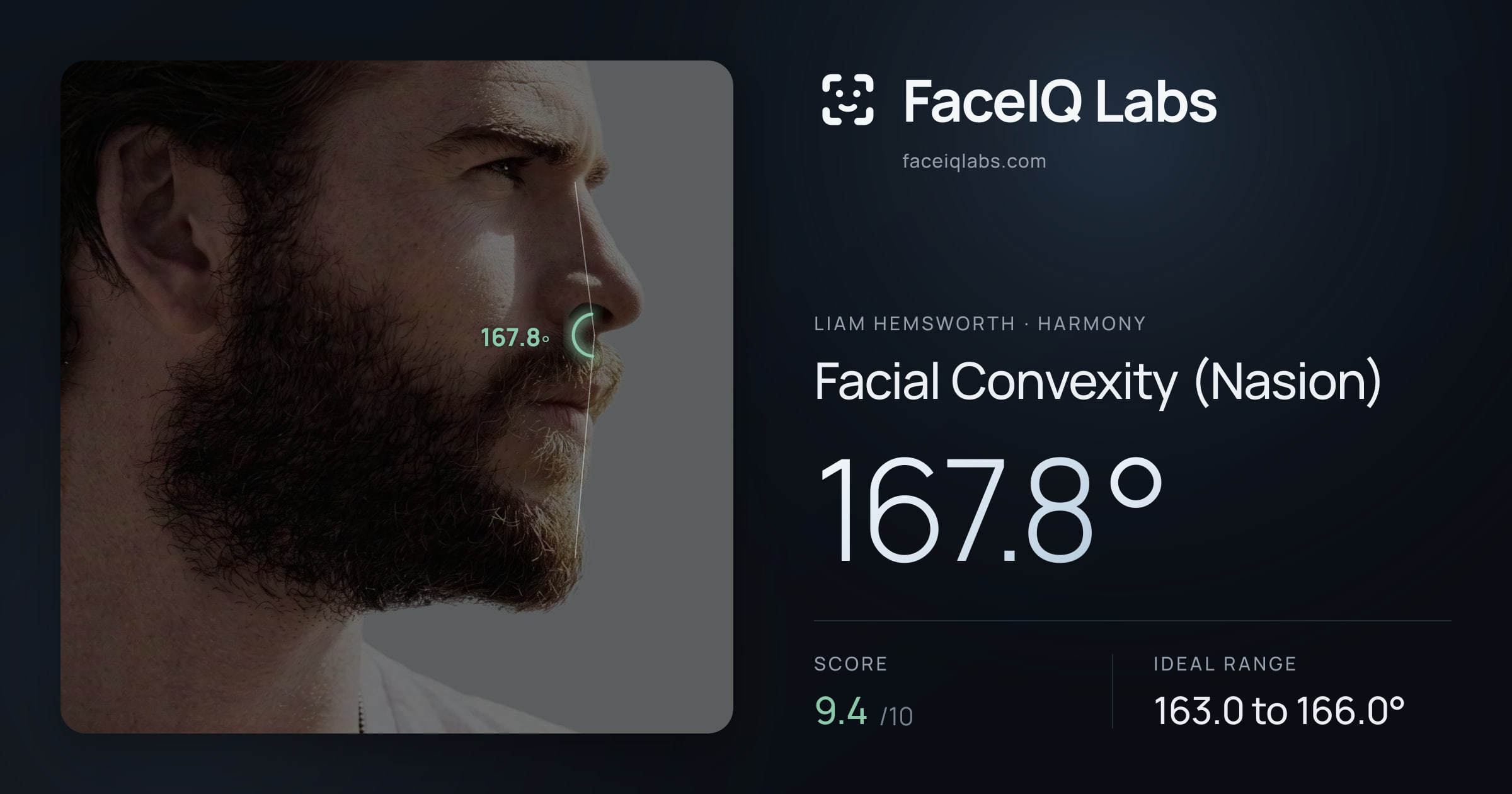 Liam Hemsworth Facial Convexity (Nasion): 167.8°, drawn on the photo