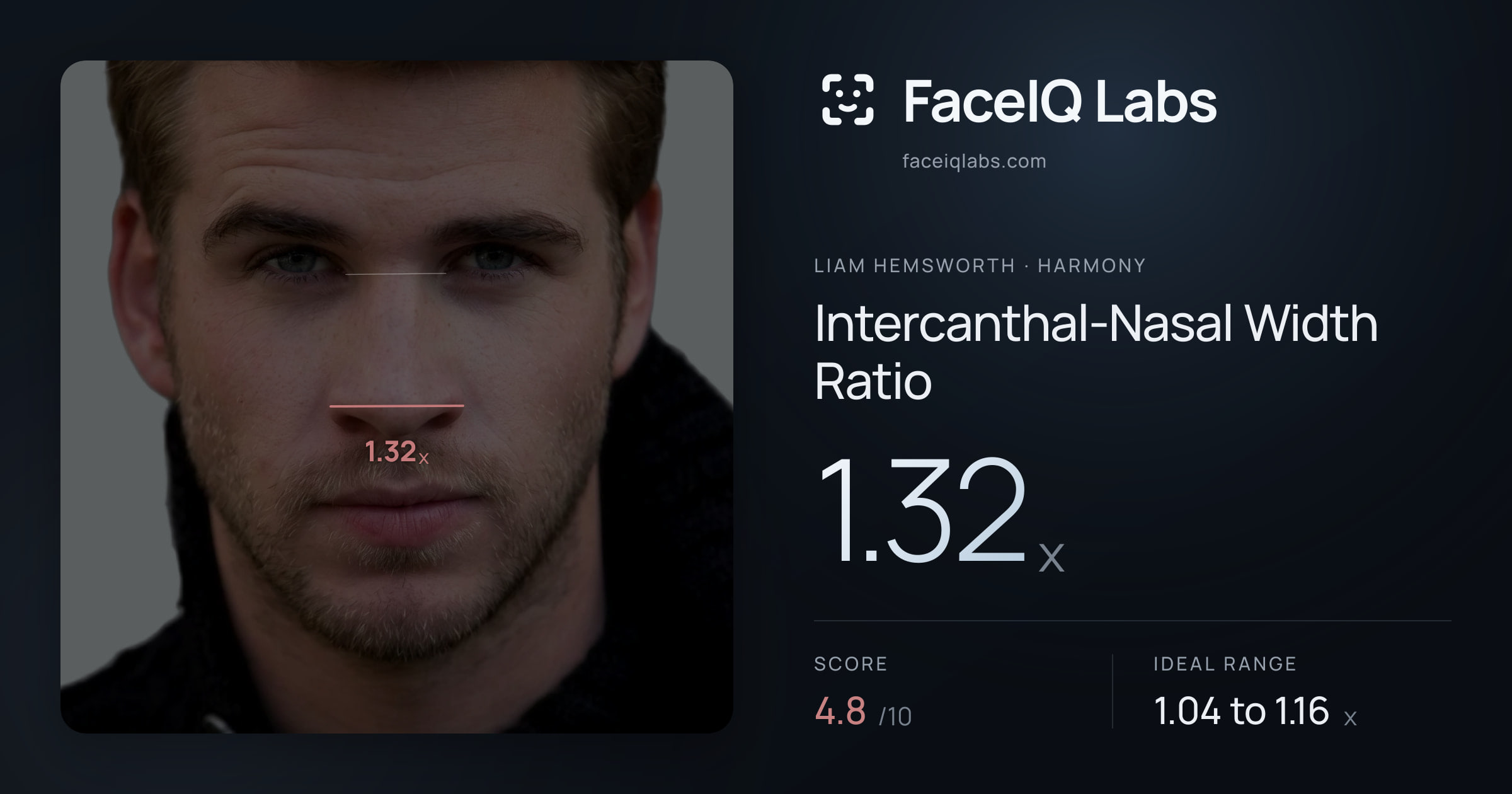 Liam Hemsworth Intercanthal-Nasal Width Ratio: 1.32x, drawn on the photo