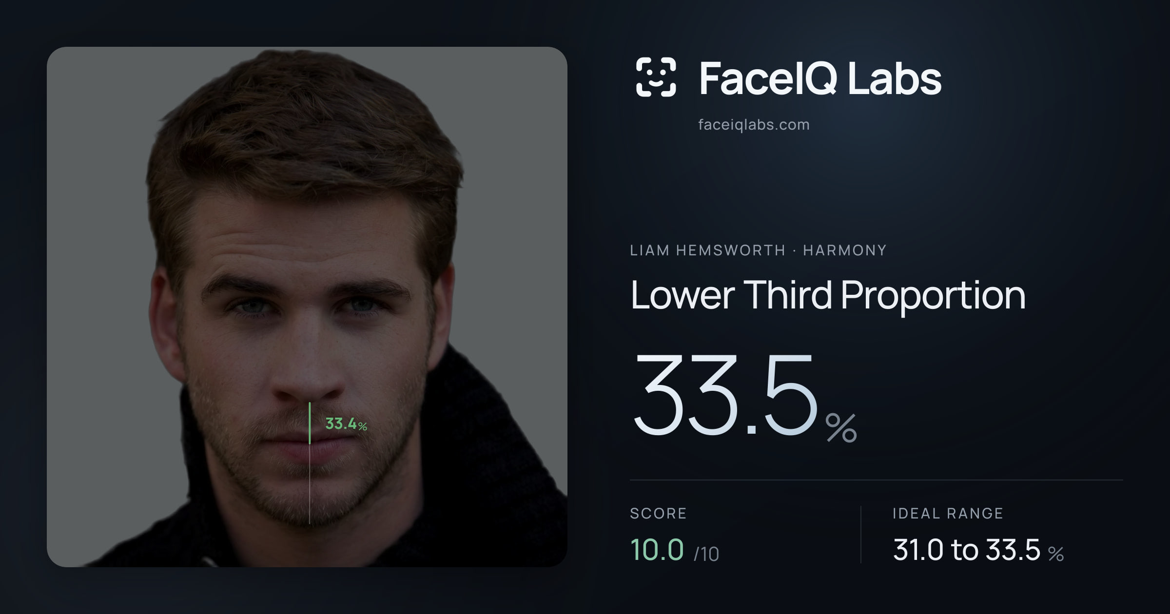 Liam Hemsworth Lower Third Proportion: 33.5%, drawn on the photo