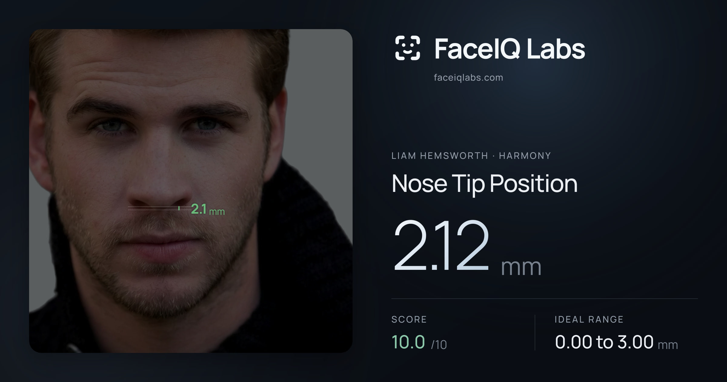 Liam Hemsworth Nose Tip Position: 2.12mm, drawn on the photo