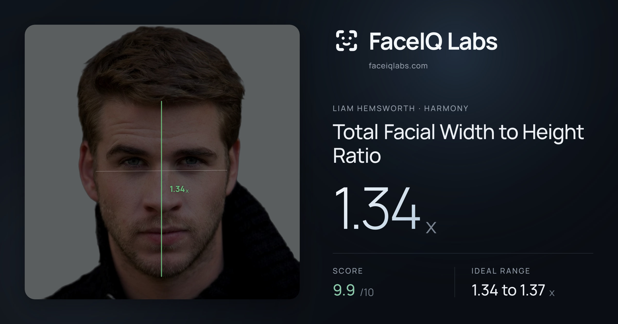 Liam Hemsworth Total Facial Width to Height Ratio: 1.34x, drawn on the photo