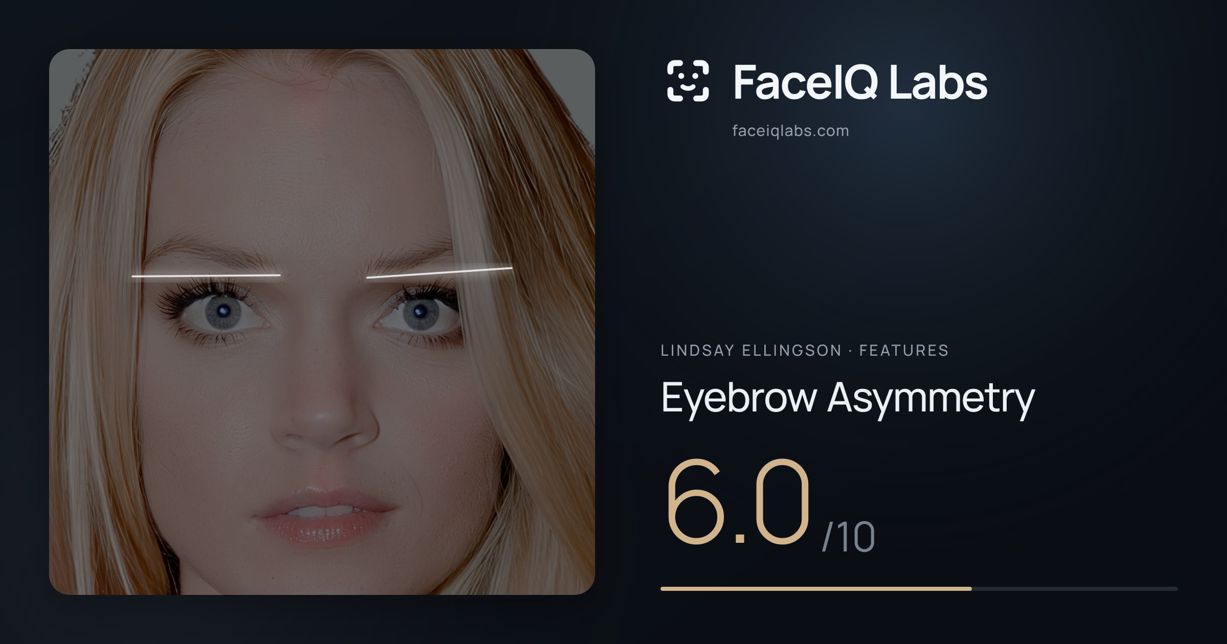 Lindsay Ellingson Eyebrow Asymmetry: 6.0/10, drawn on the photo