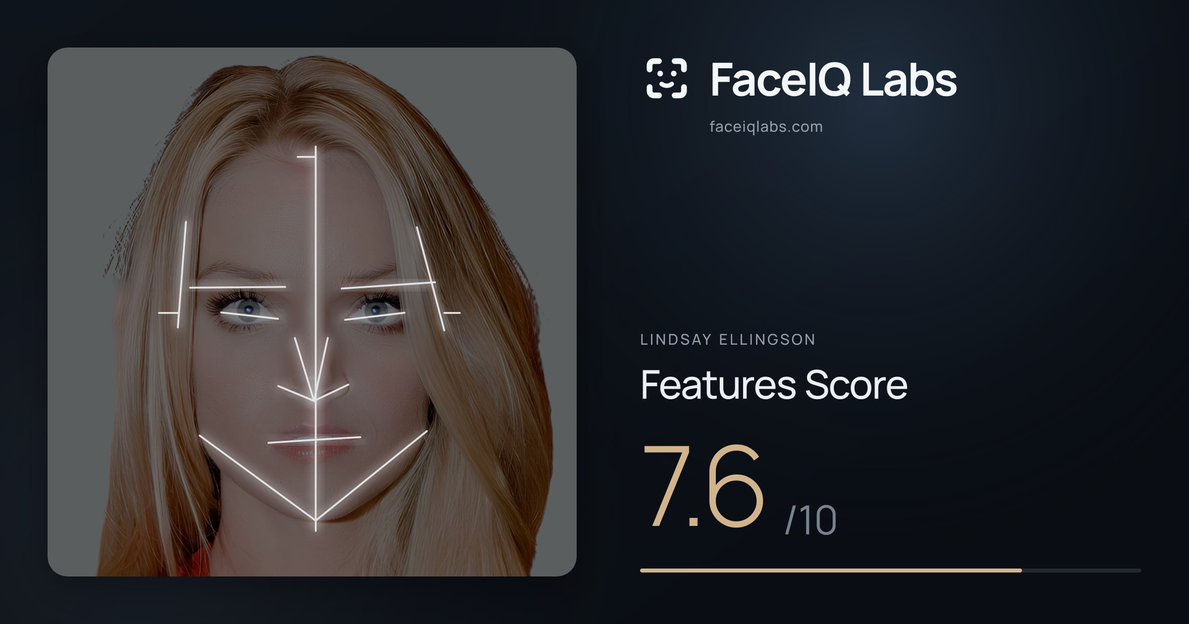 Lindsay Ellingson Features: 7.6/10, with each assessment drawn on the photo