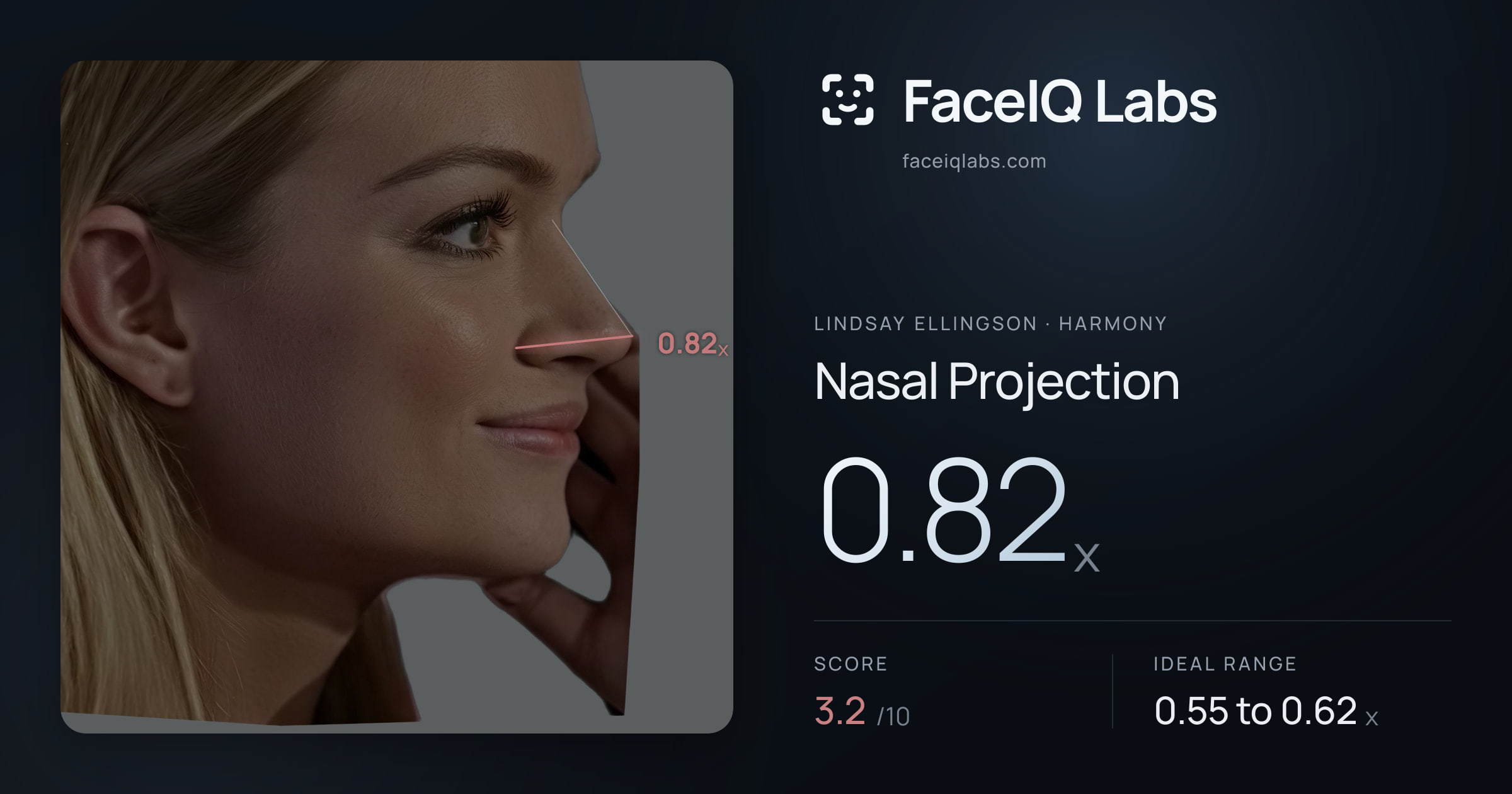 Lindsay Ellingson Nasal Projection: 0.82x, drawn on the photo